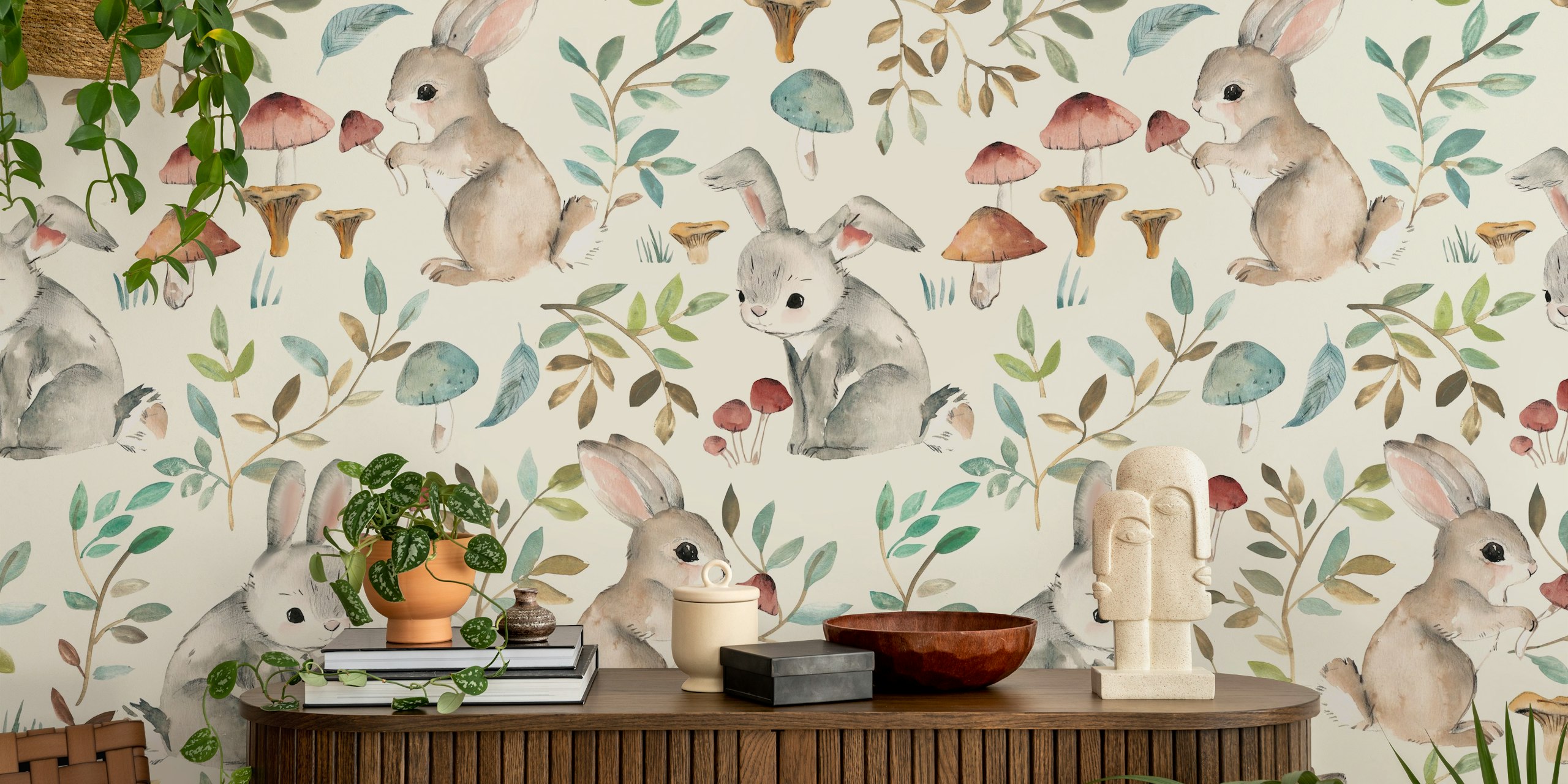 Bunnies surrounded by mushrooms wallpaper