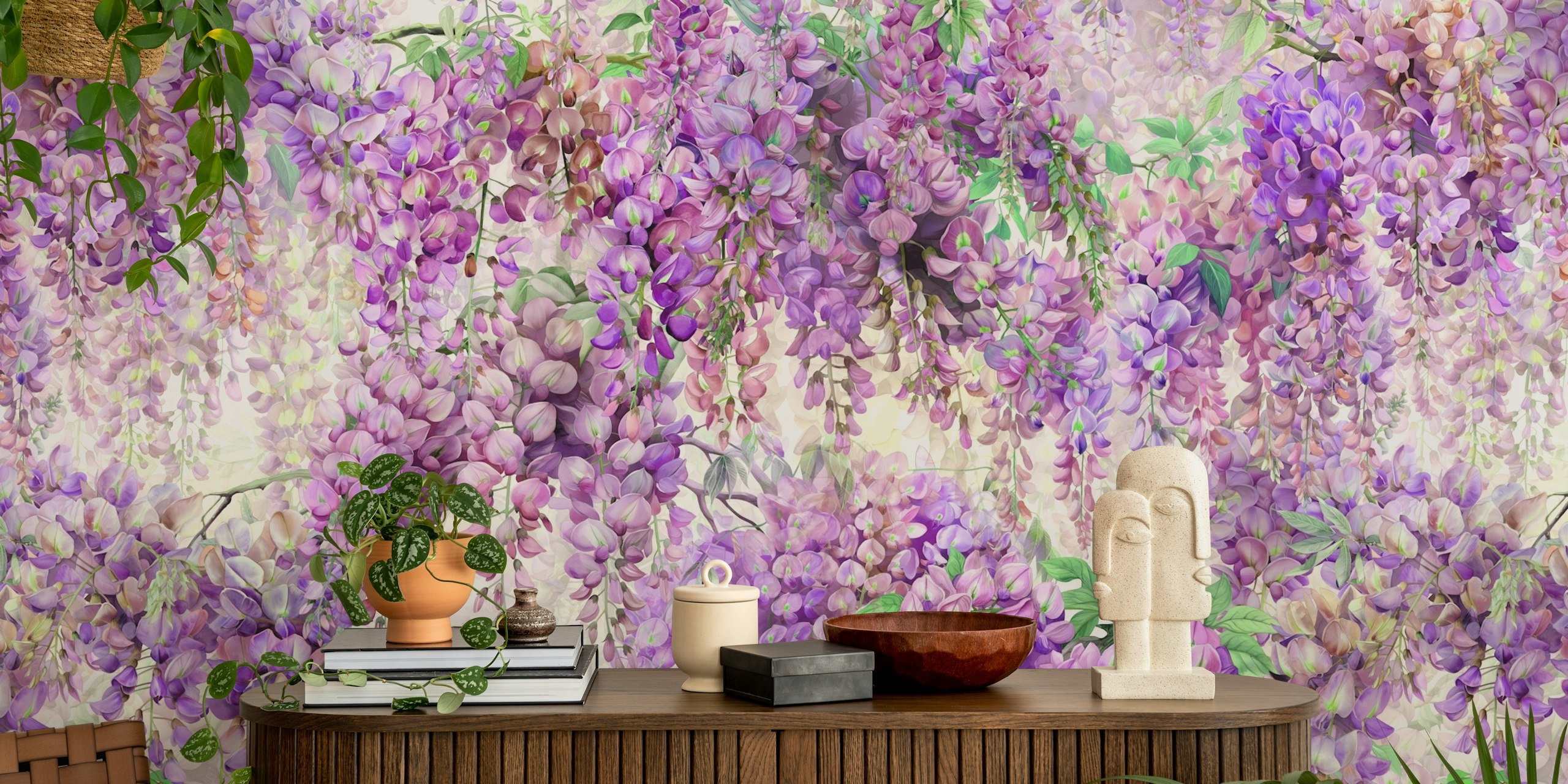 Purple wisteria floral wallpaper design