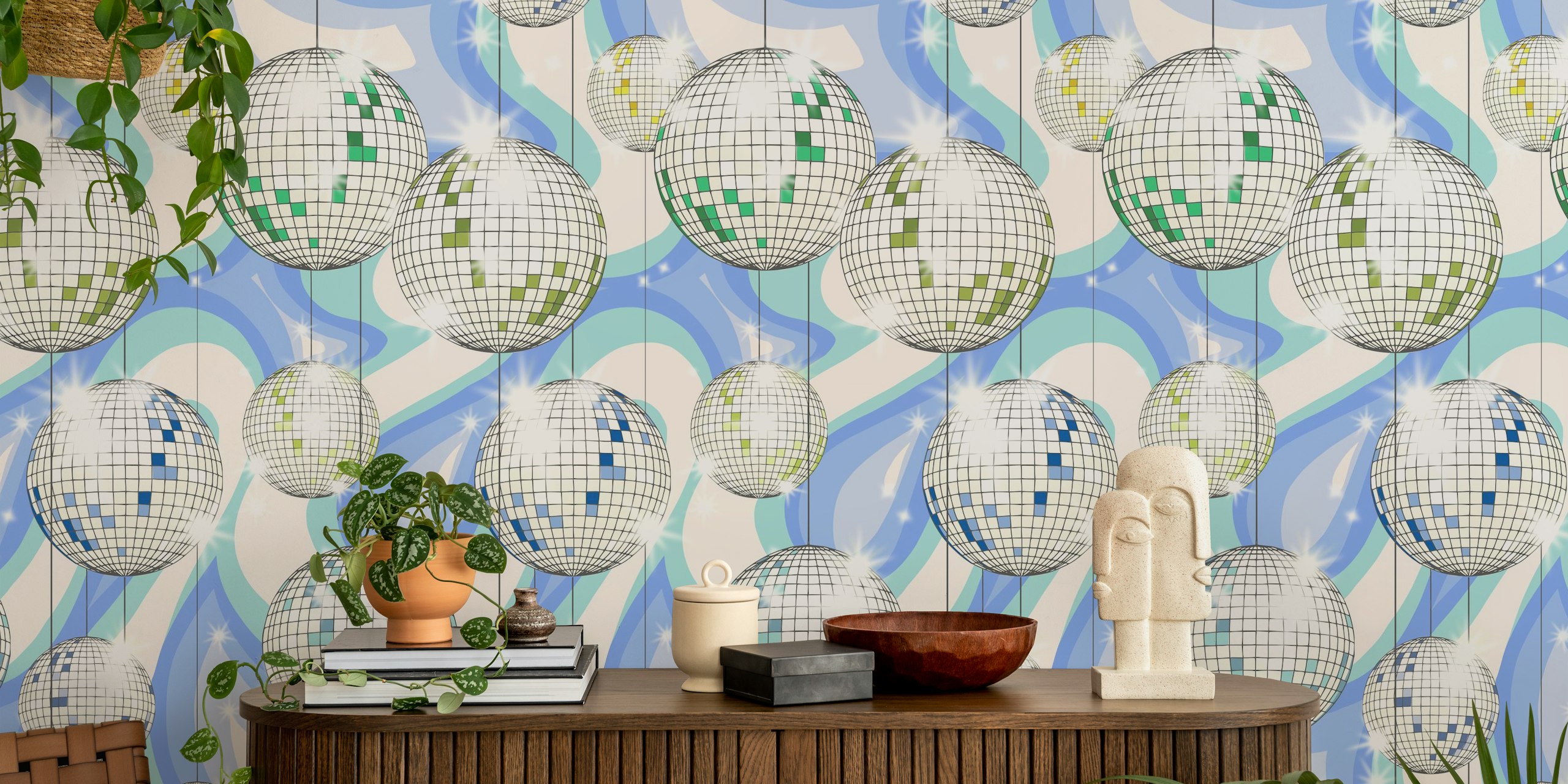 Groovy Party disco ball in una stanza colorata