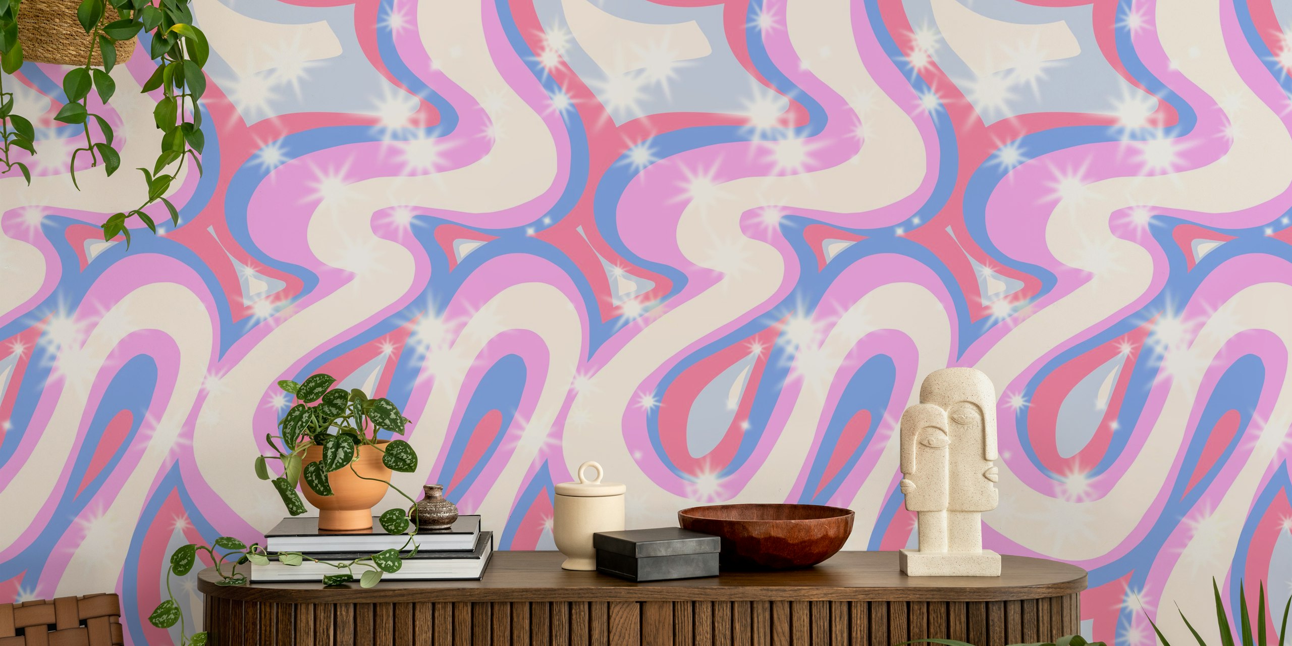 Groovy retro swirls purple tapet i et rom