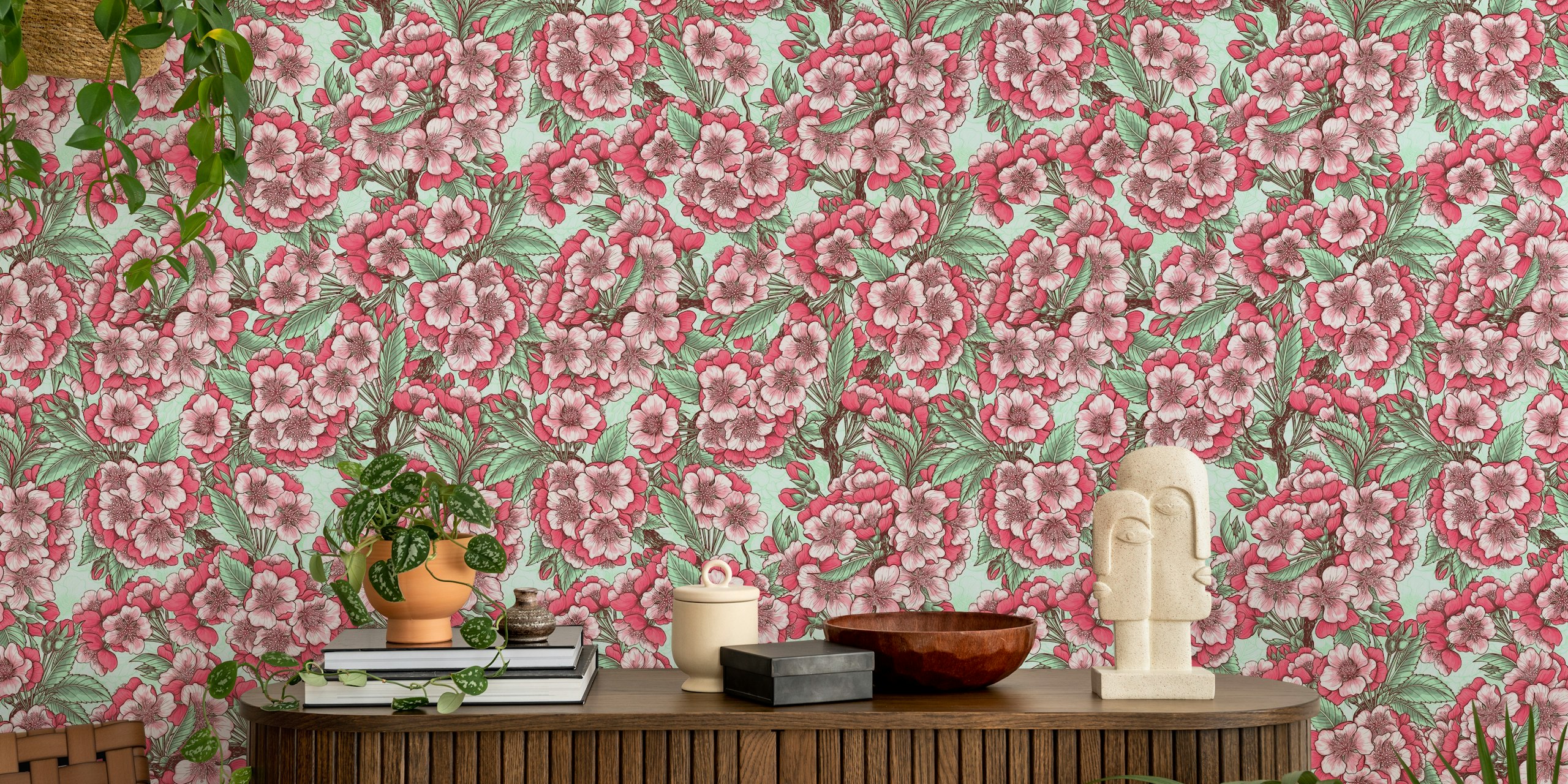 Cherry blossom flowers in pink with green leaves wallpaper