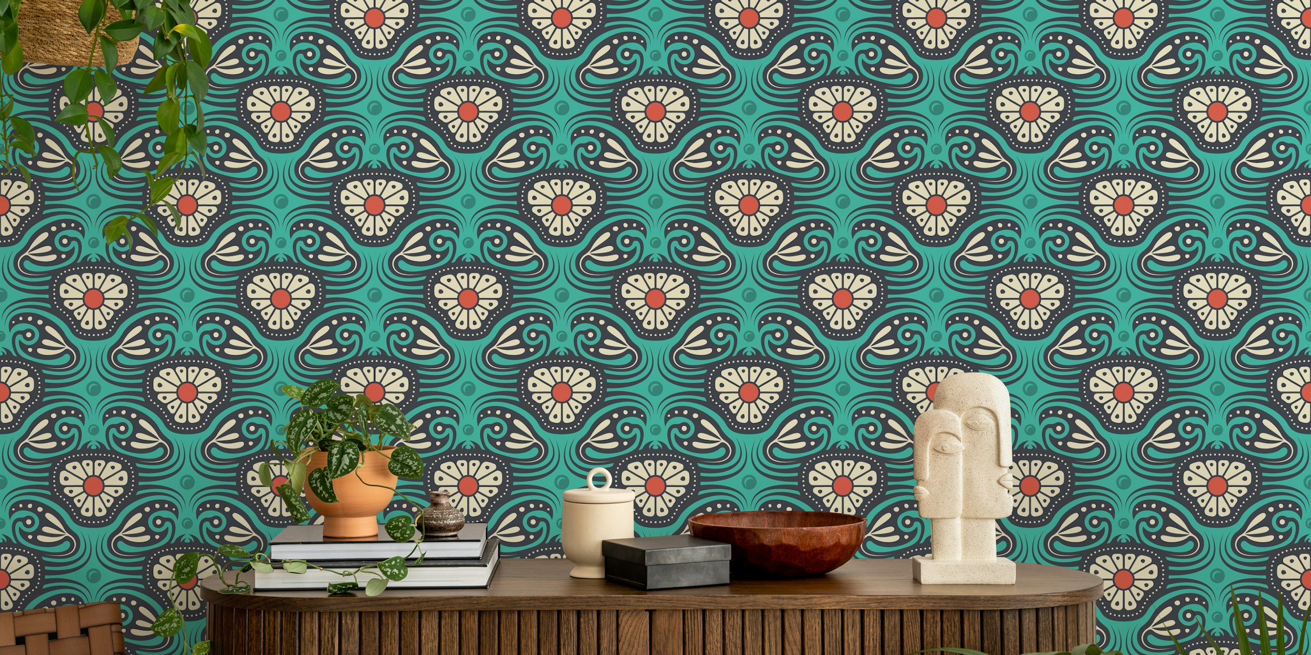 KF 0240 B - Vintage Retro Crab Floral tapet i ett rum
