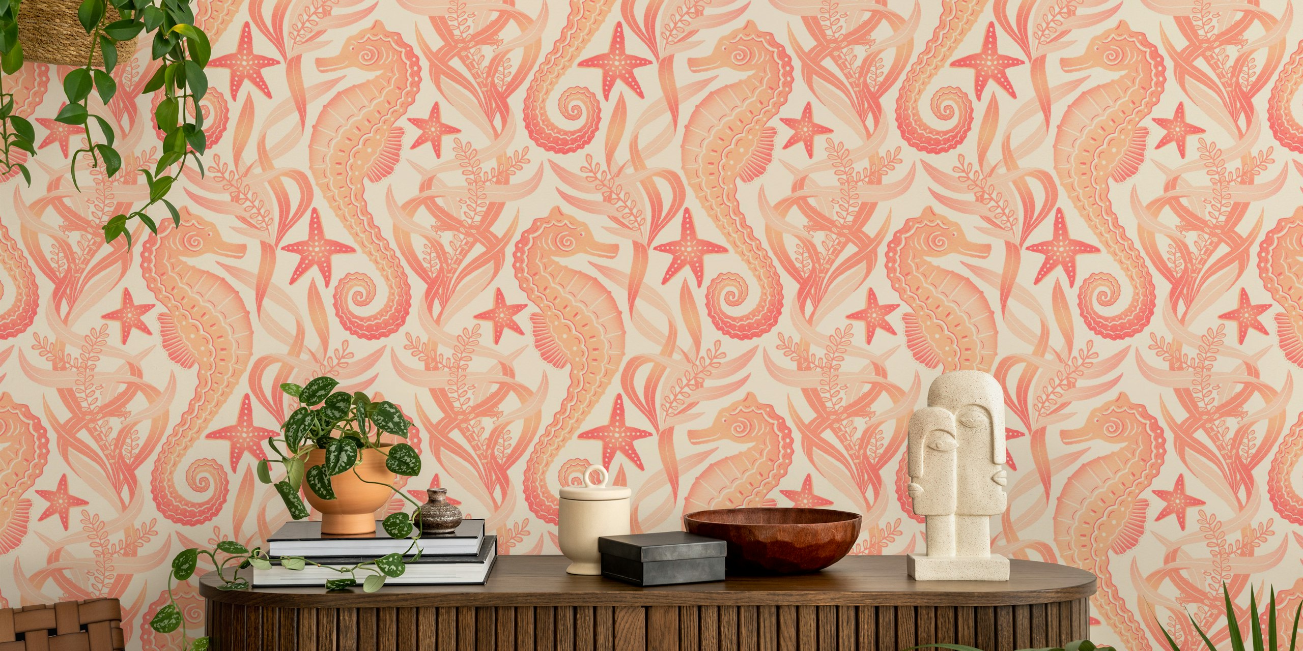 Decorazione murale con dolci cavallucci marini e stelle marine su sfondo color pesca