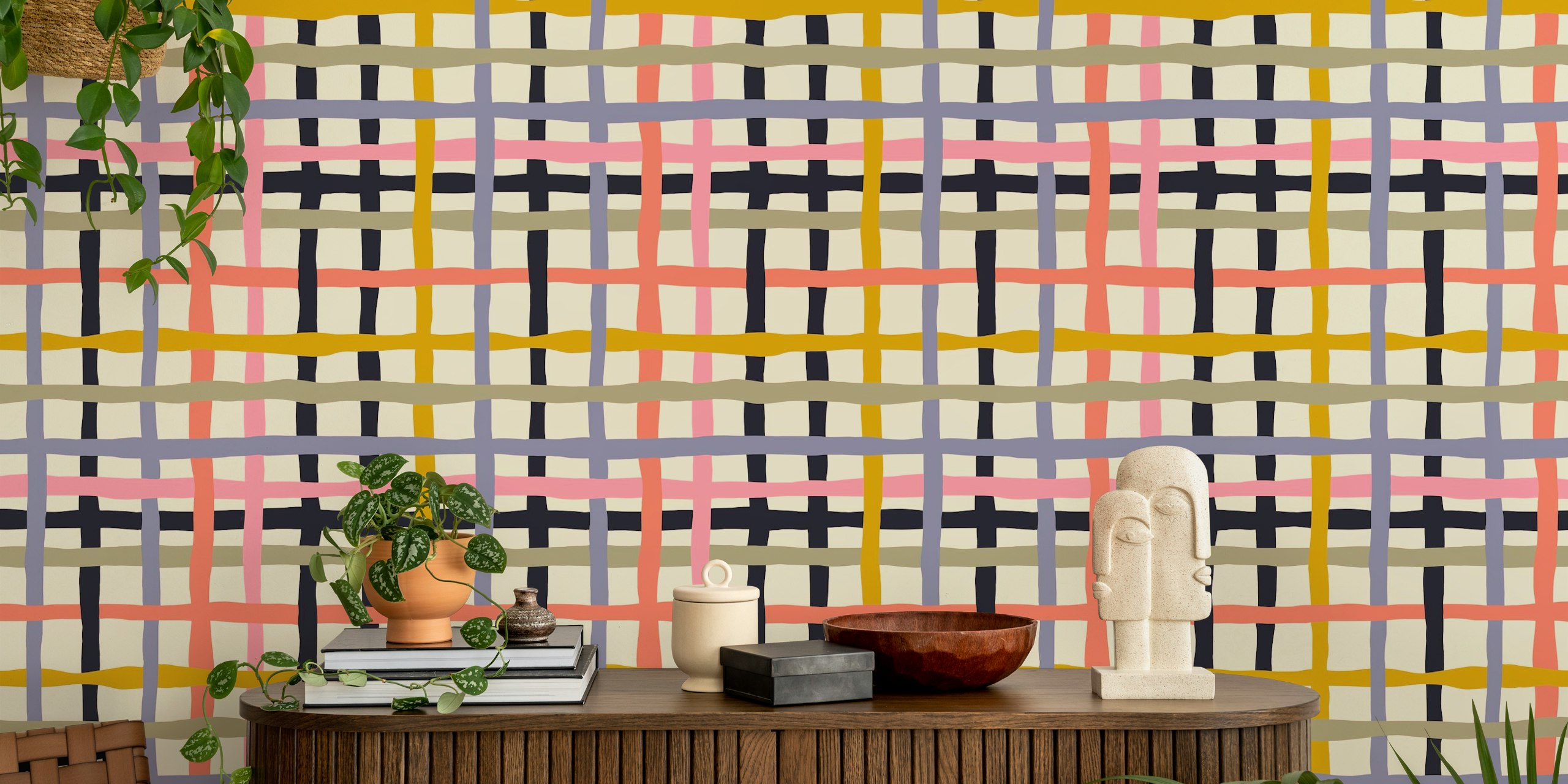 Playful woven checkerboard pattern in cream, pink, blue, and black wallpaper