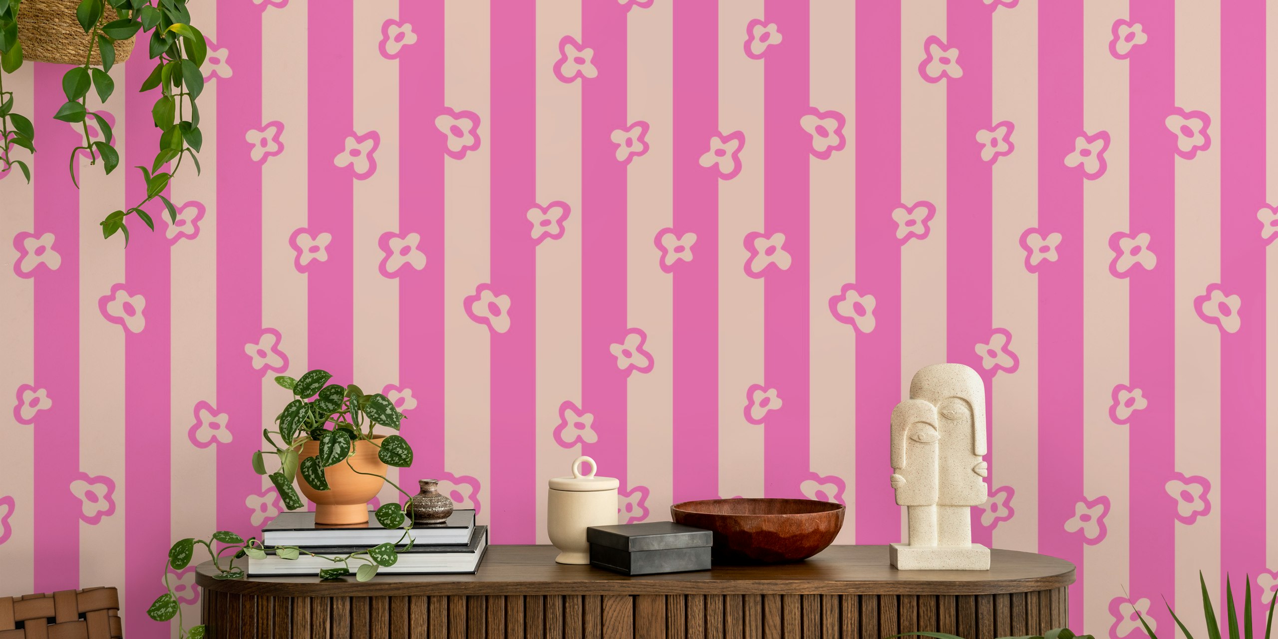 Pink floral stripes wallpaper featuring playful flower patterns