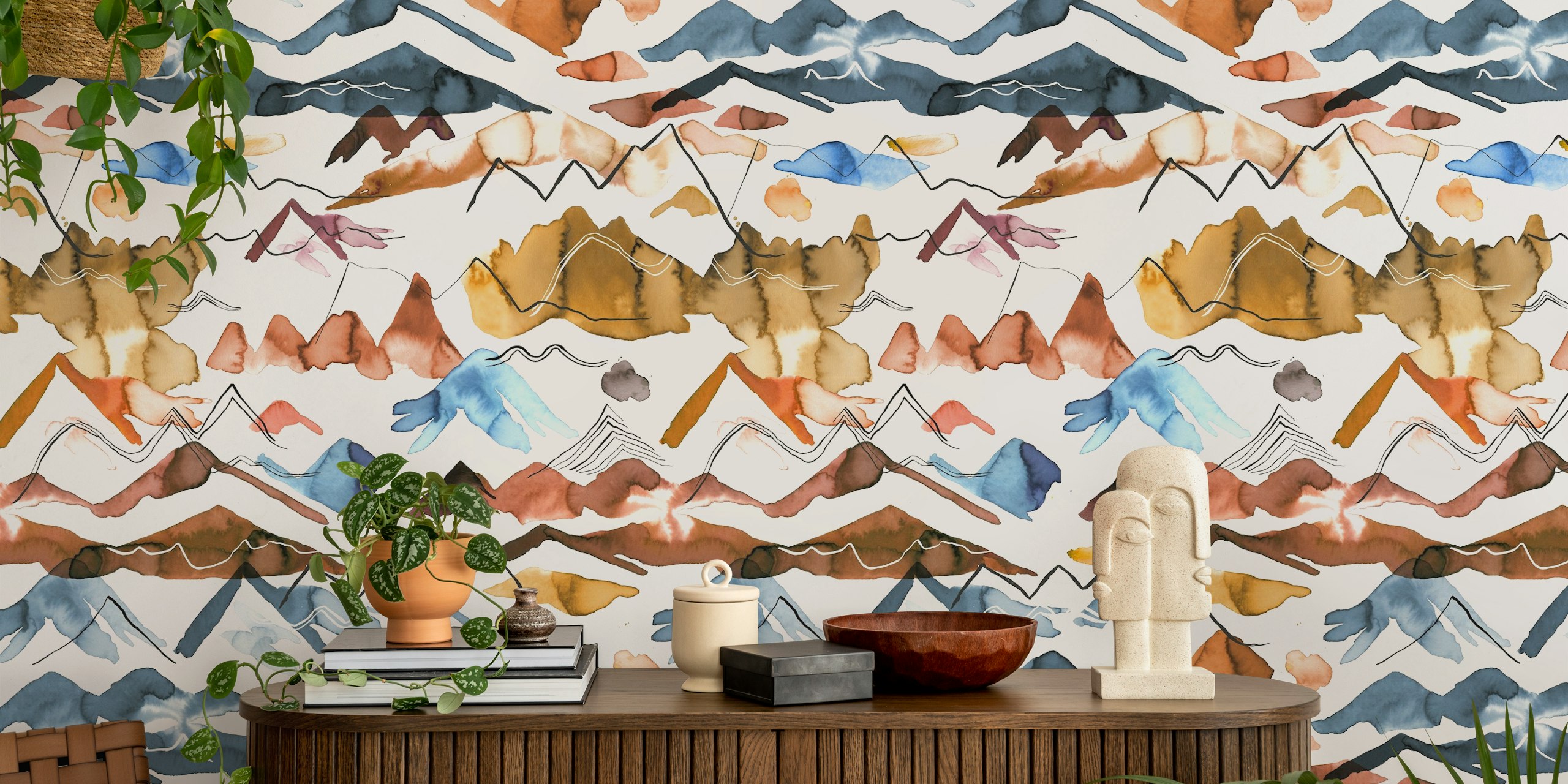 Watercolor wallpaper of western mountains in a room
