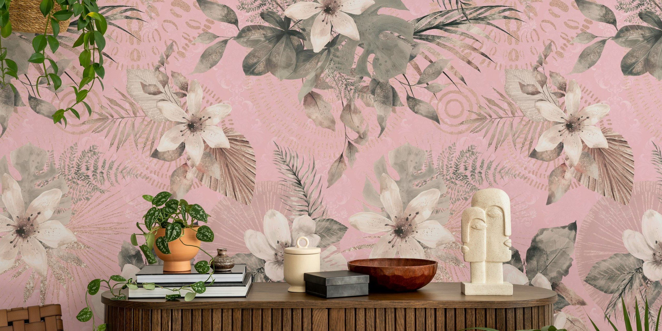 Boho floral pattern with pink background and greenery wallpaper