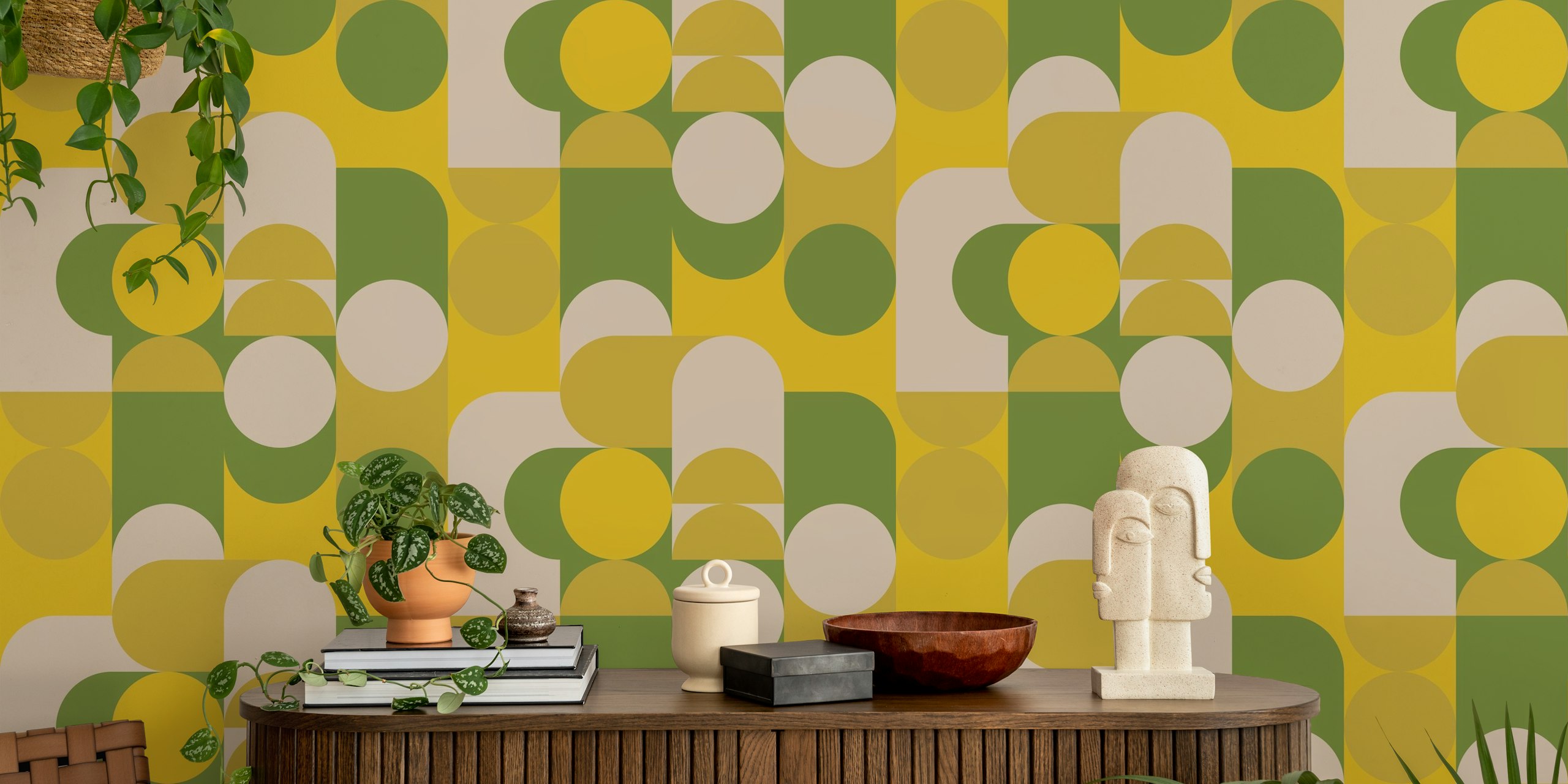 Geometric shapes in green, yellow, and cream wallpaper