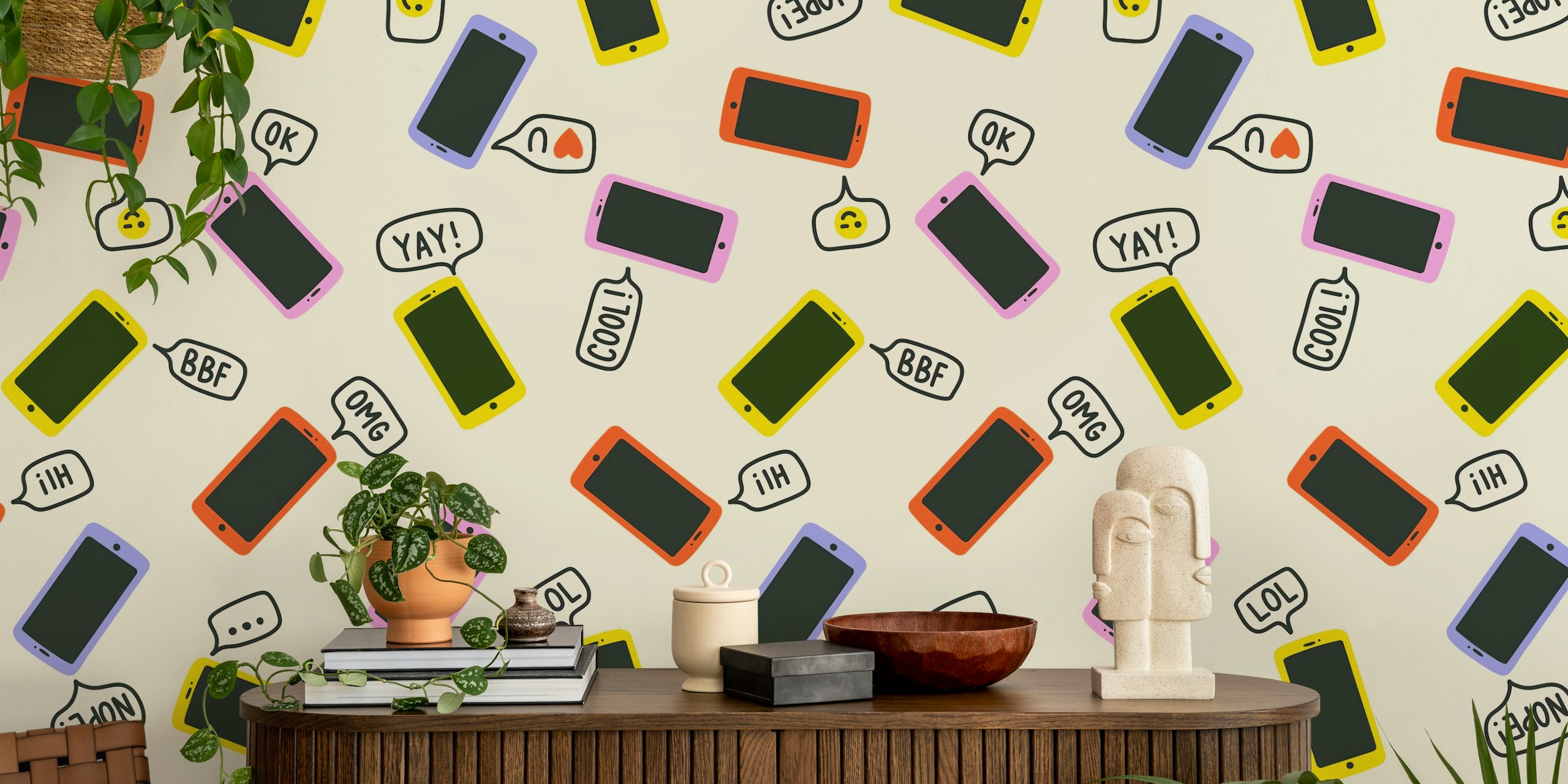 Fondo de teléfonos móviles coloridos en una habitación