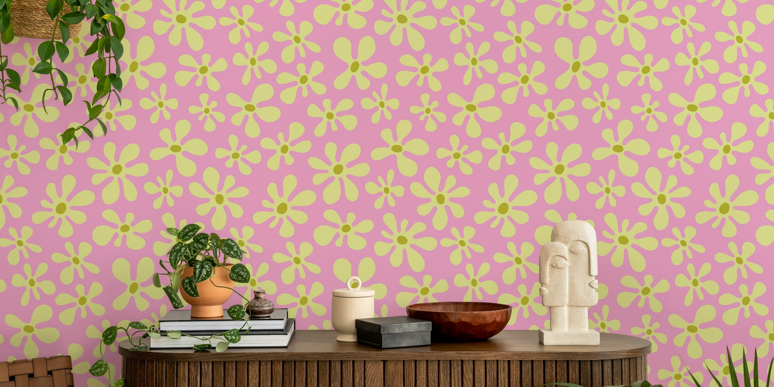 Daisy Delight Papel De Parede Floral Rosa Retro Em Um Quarto