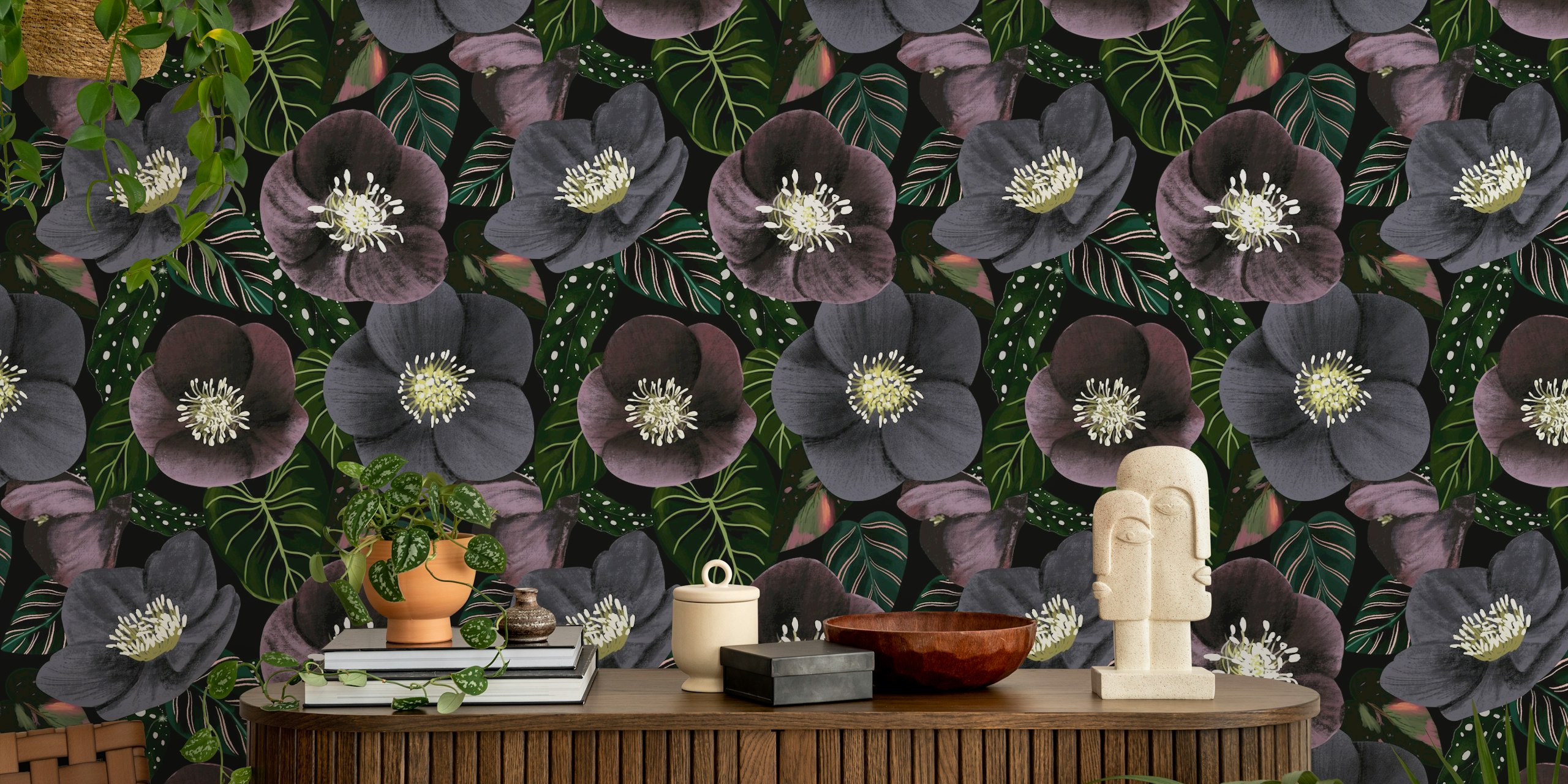 Carta da parati Midnight Dark Flowers mostrata in una stanza