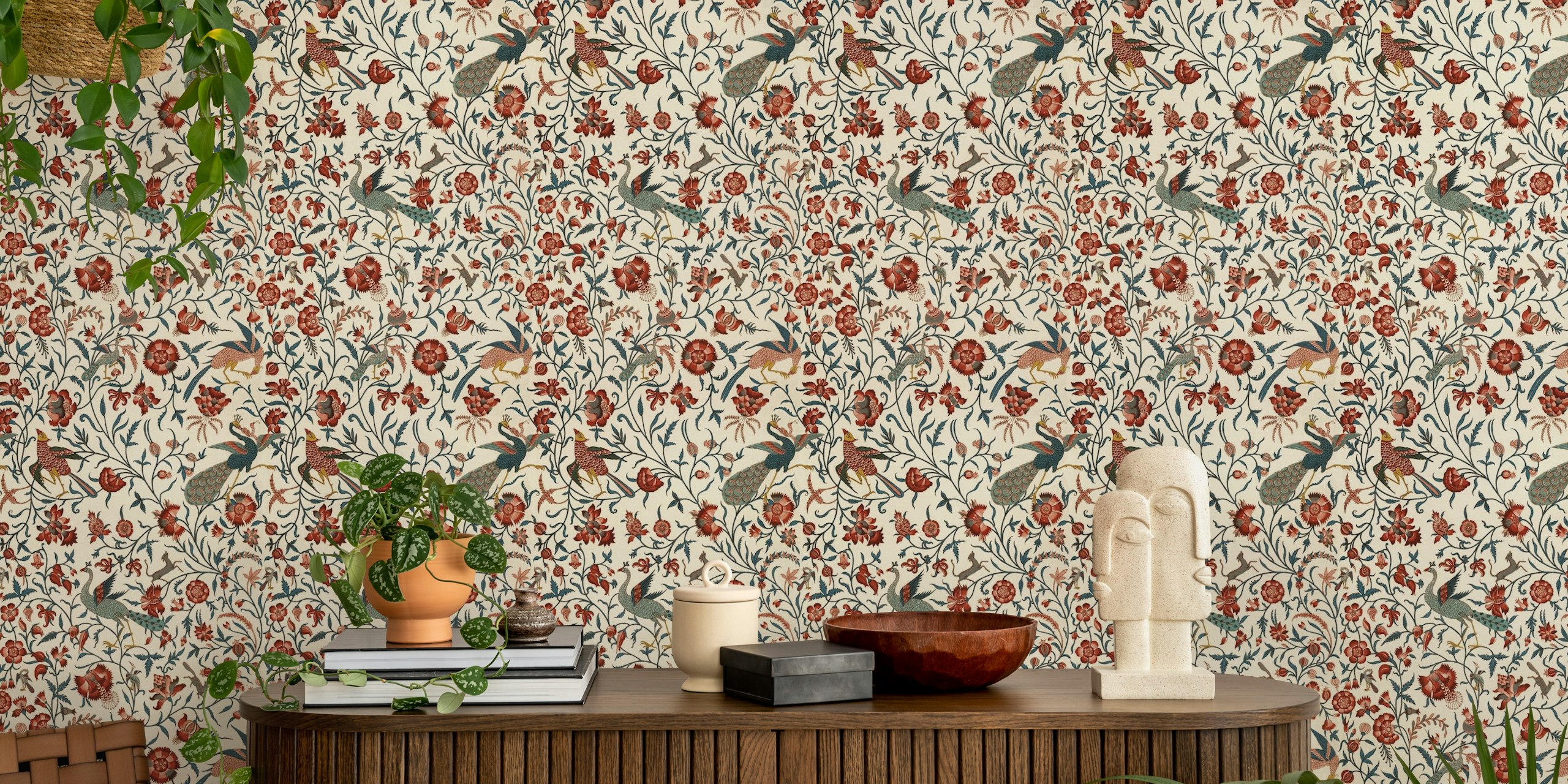 Floral pattern with peacocks in red, blue, and cream wallpaper