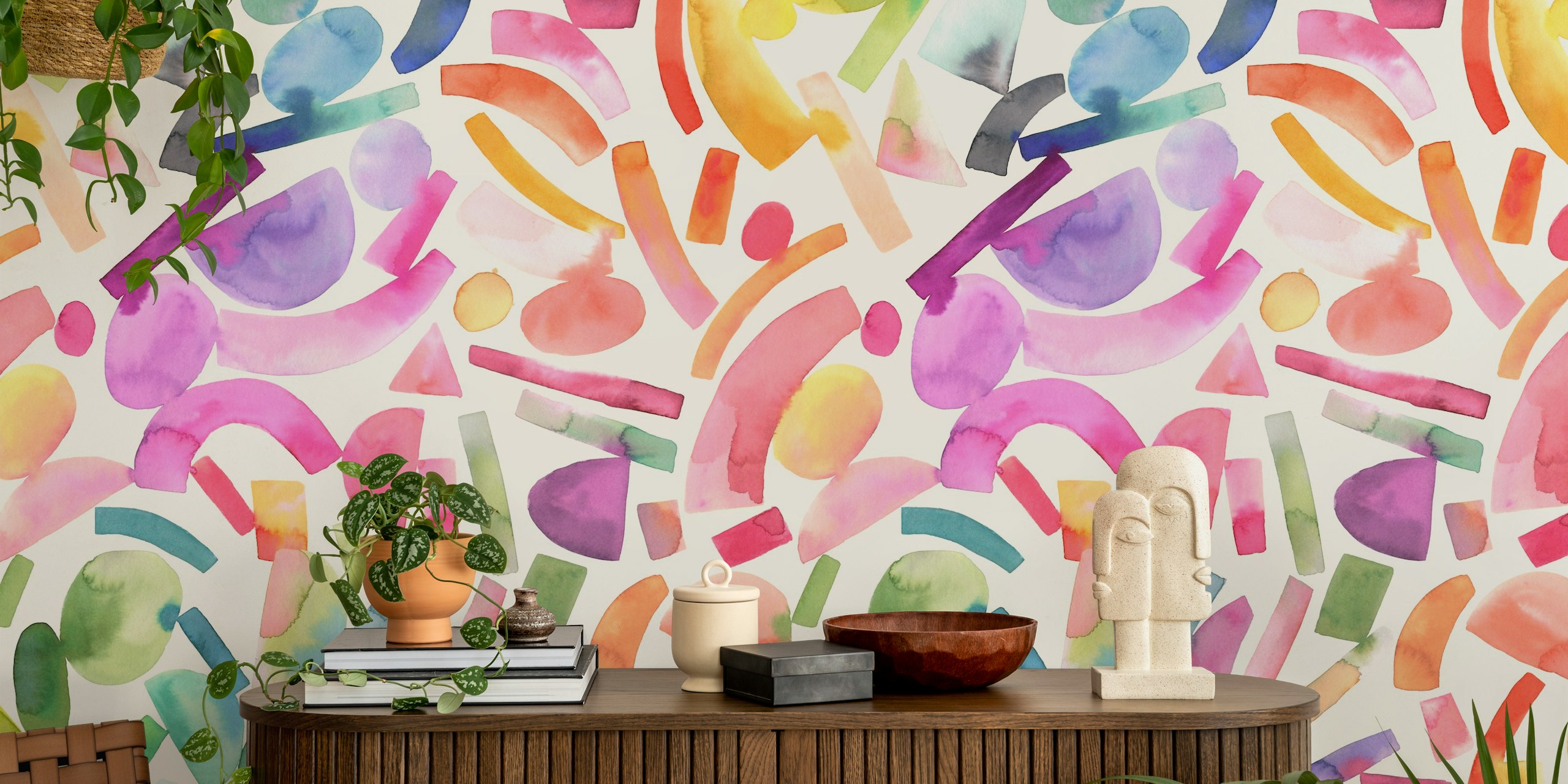Colorful geometric shapes including pink, green, and blue pattern wallpaper