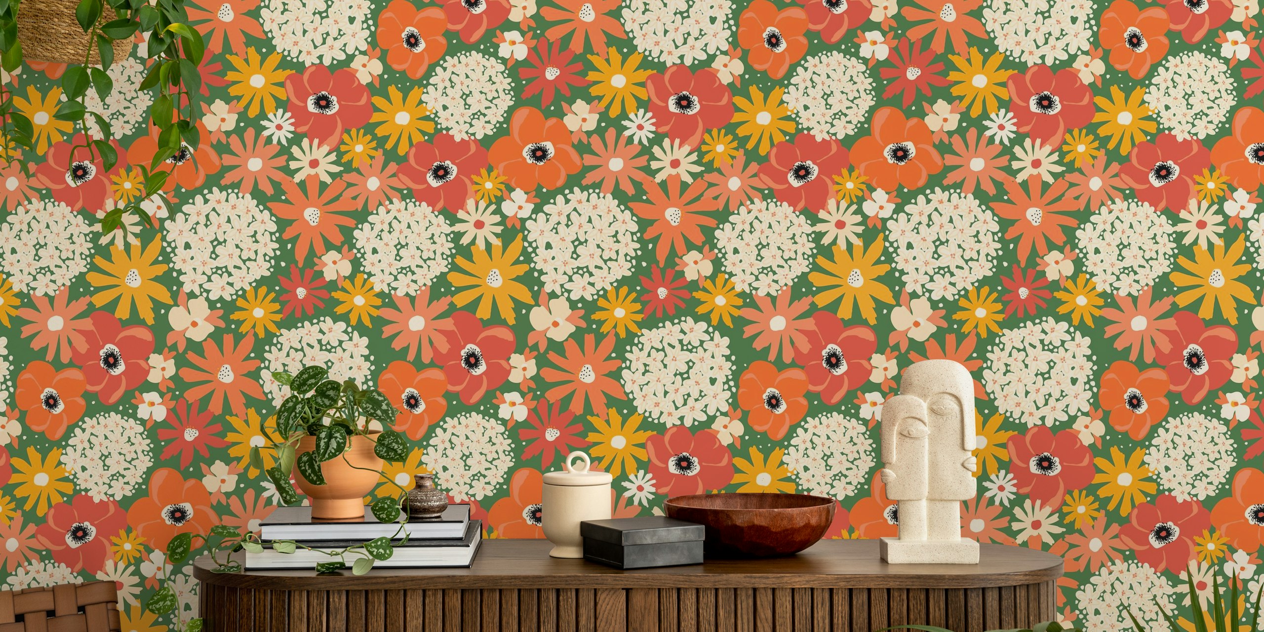 Mixed summer florals wallpaper in a room