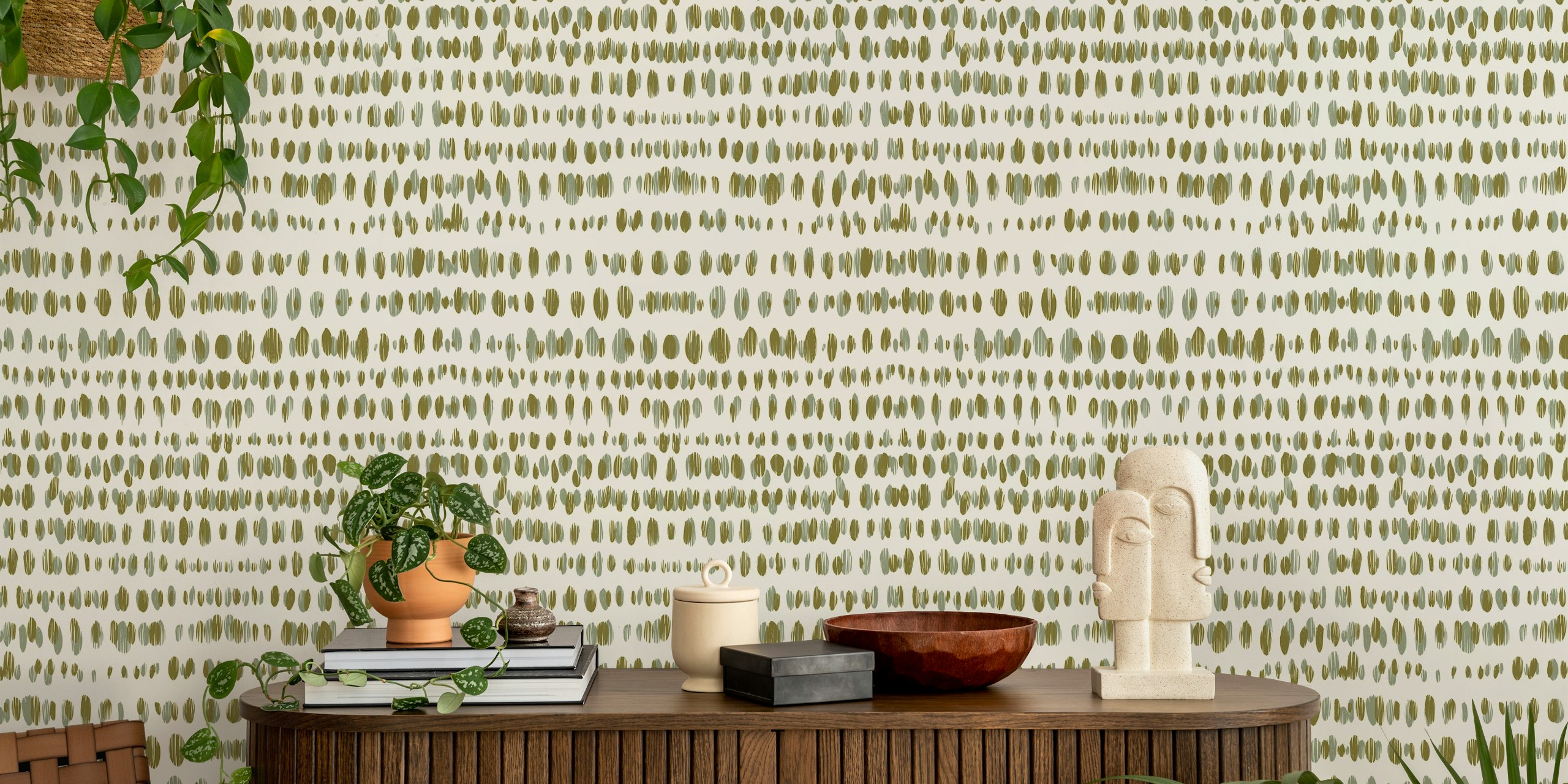 Green dotted pattern on cream wallpaper showcasing wildlife design
