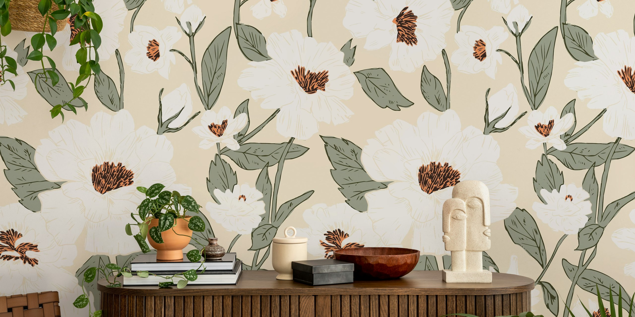 White floral design with green leaves wallpaper
