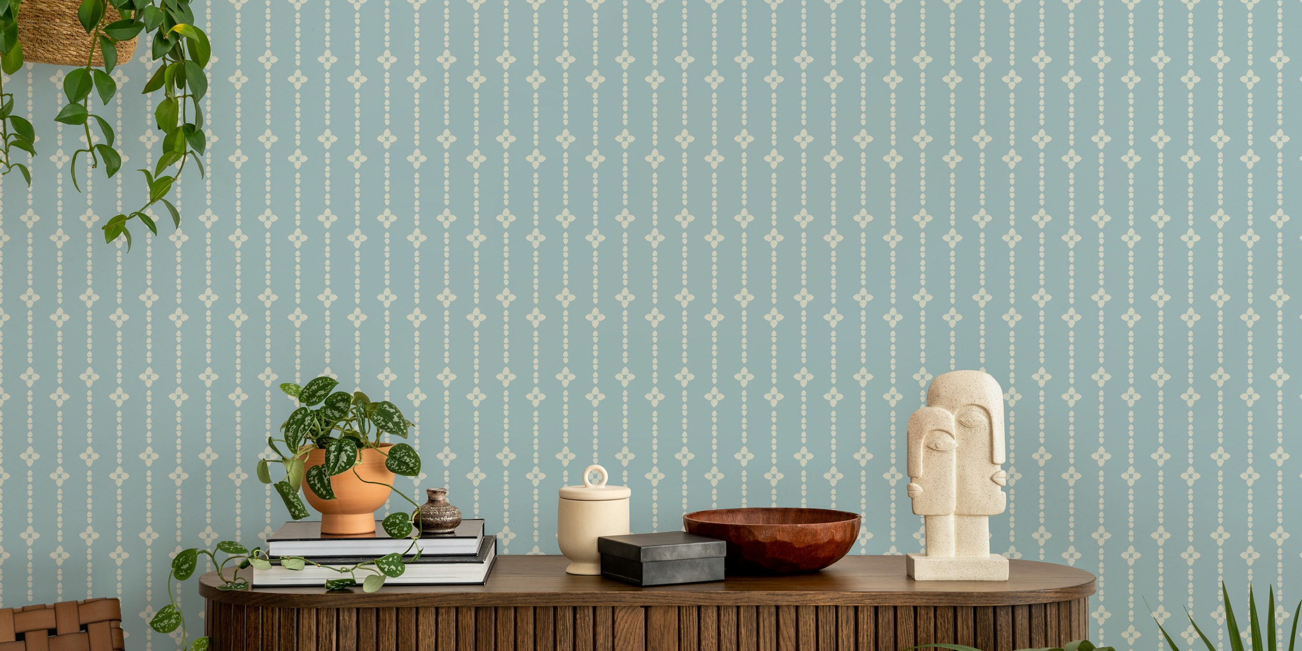 Ταπετσαρία Grandmillennial dusty blue stripes σε ένα δωμάτιο