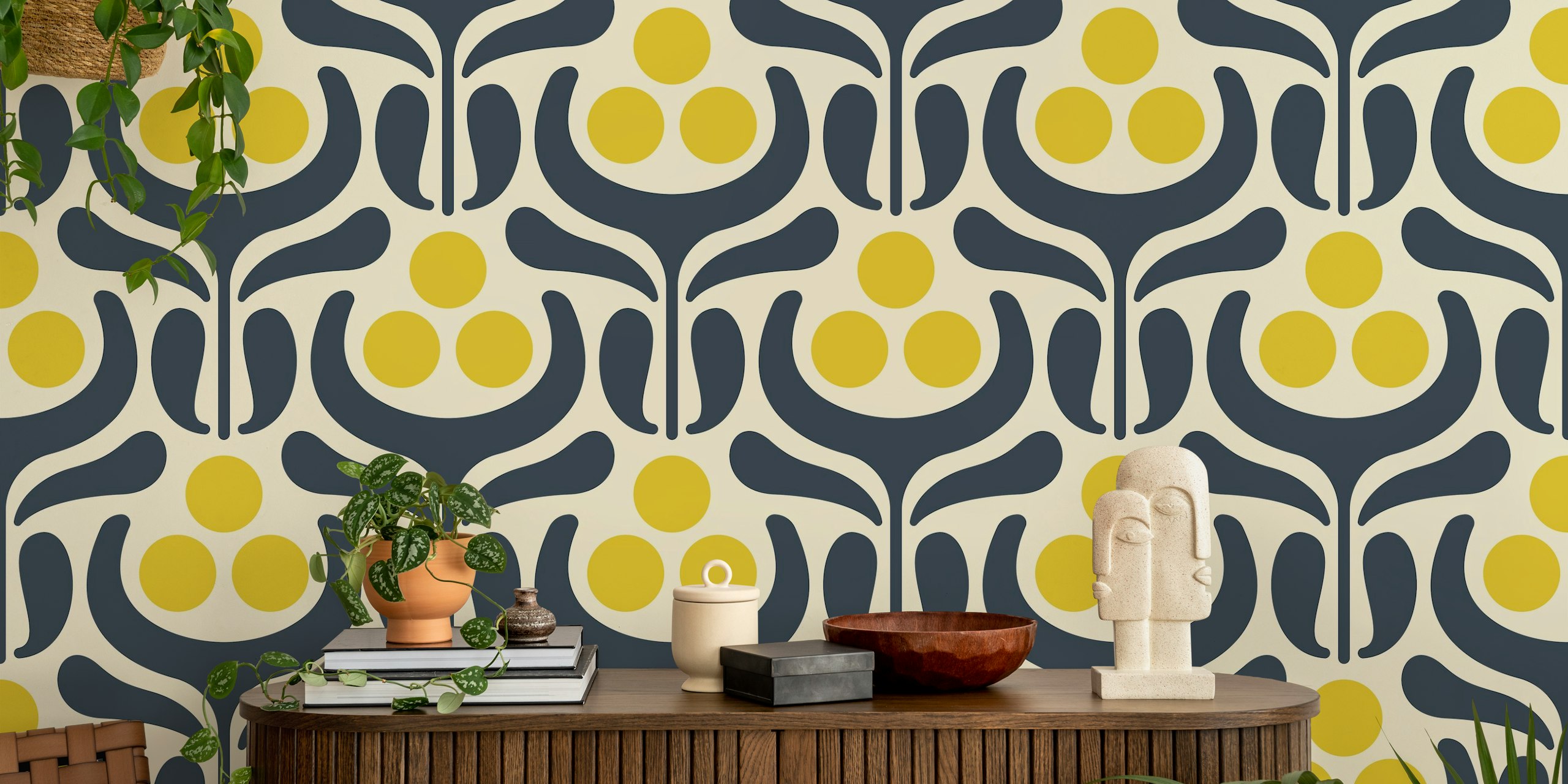 Floral geometric pattern in navy and yellow wallpaper