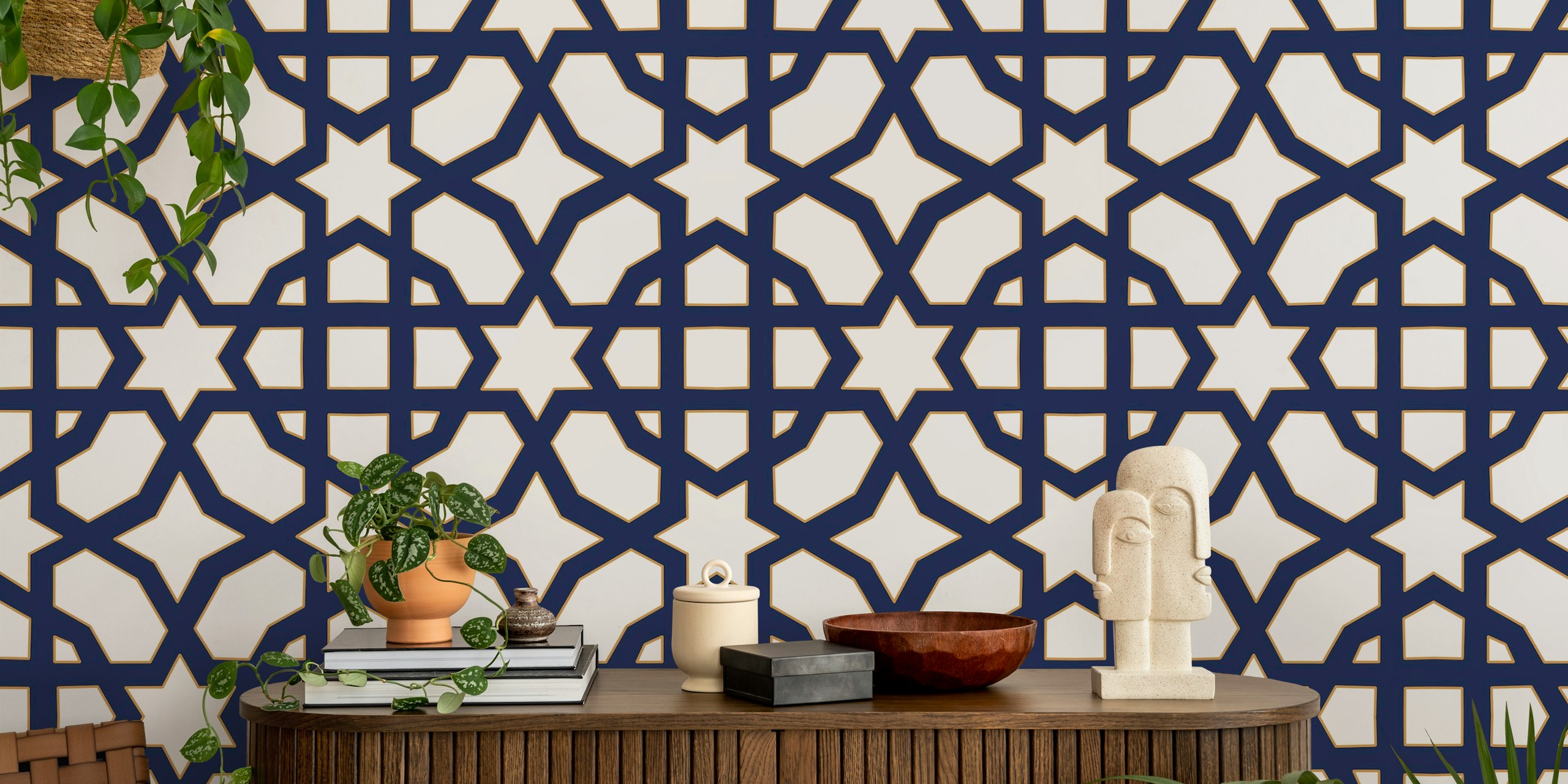 Navy gold geometric star pattern wallpaper