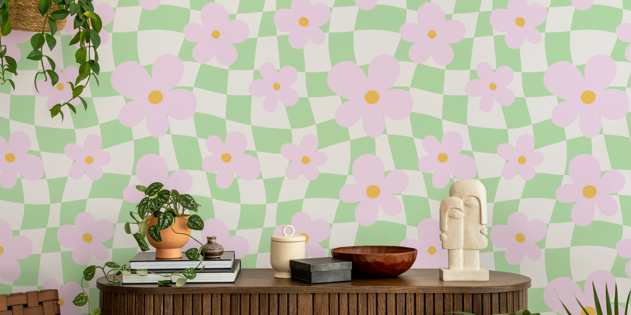 Pink flowers on a green checkerboard background wallpaper