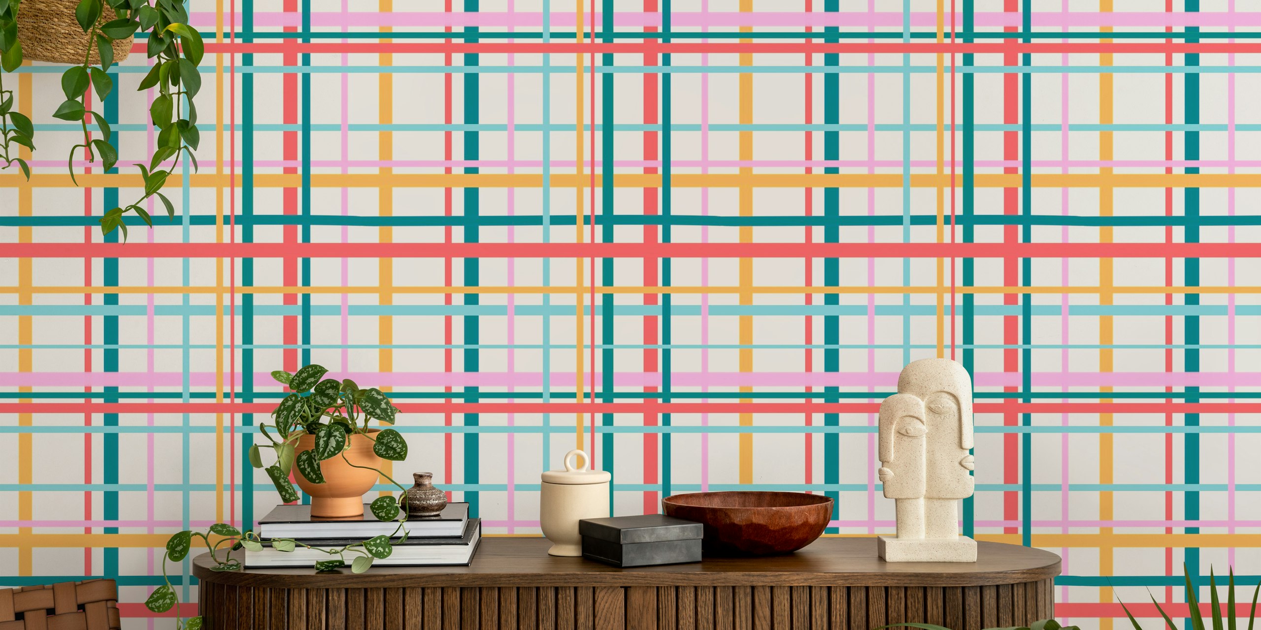 Bright plaid wallpaper in a room setting