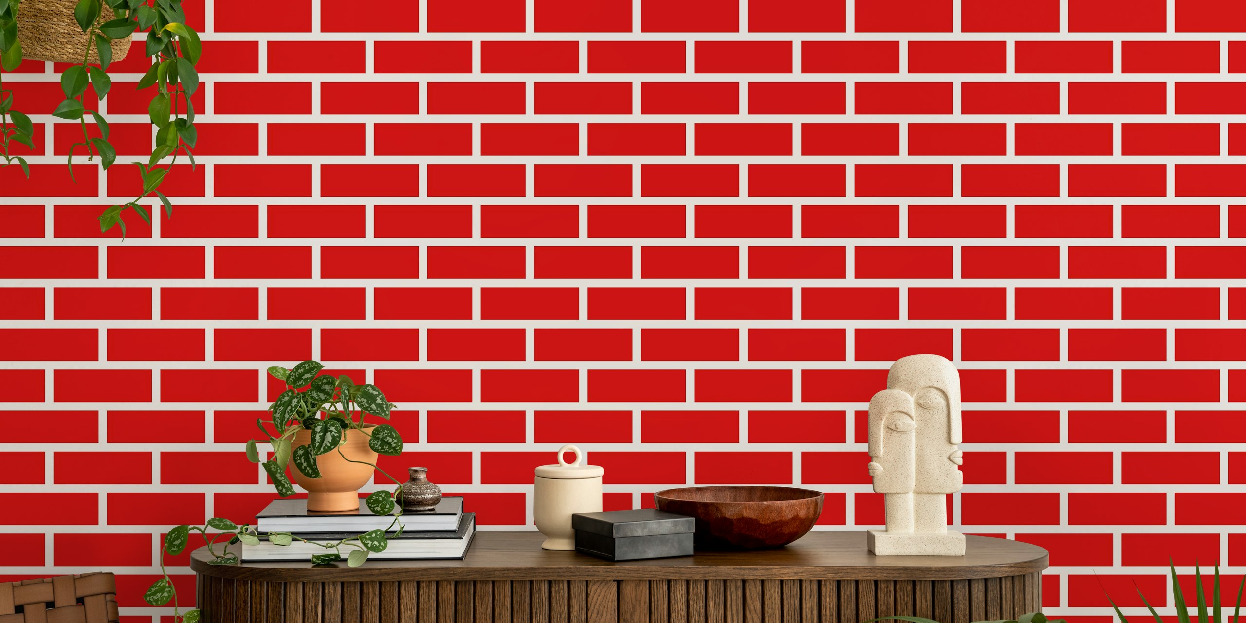 Red brick pattern wallpaper in bold colors, modern design.