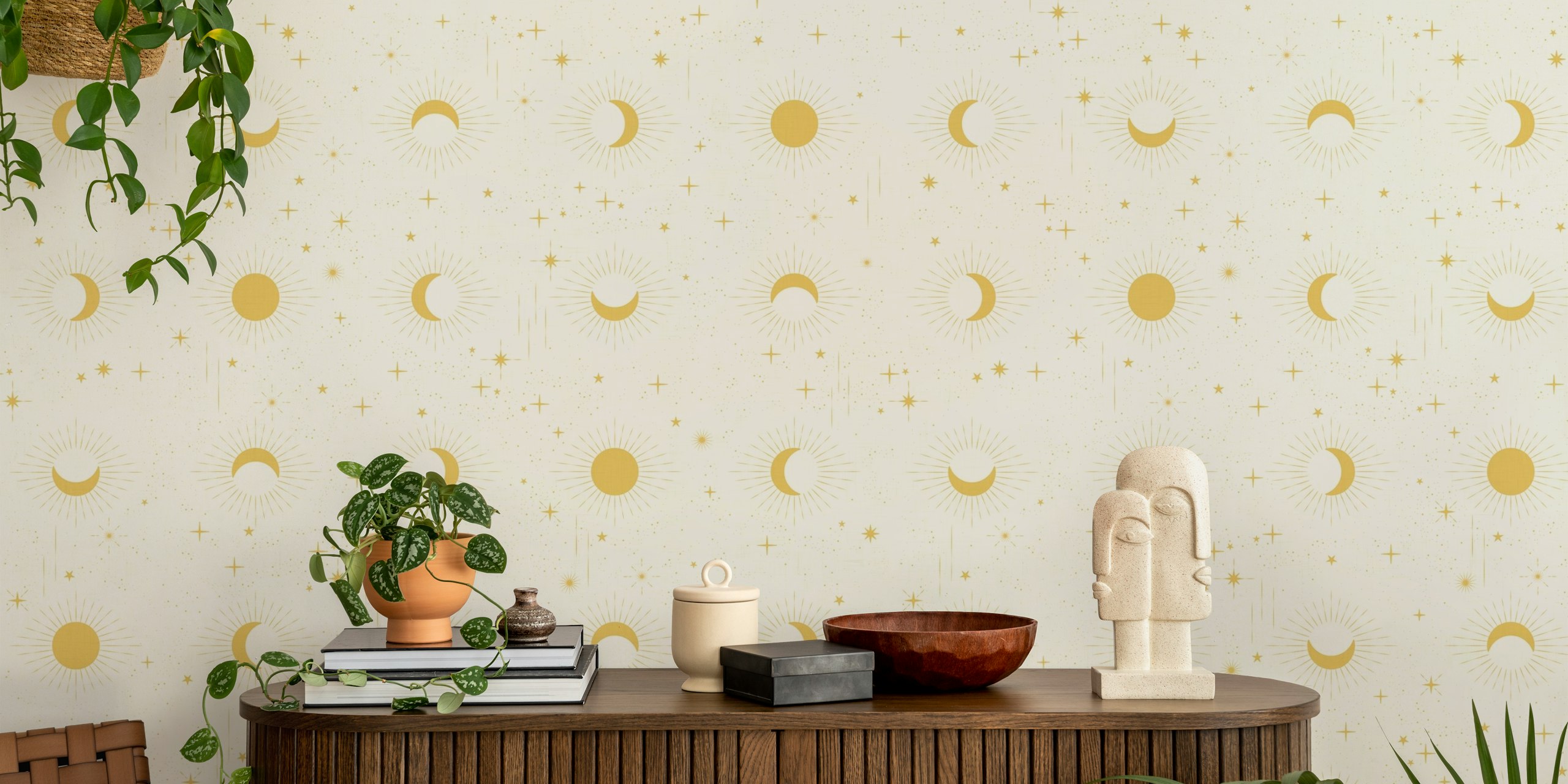 Vintage Moon Phases gold yellow cream wallpaper