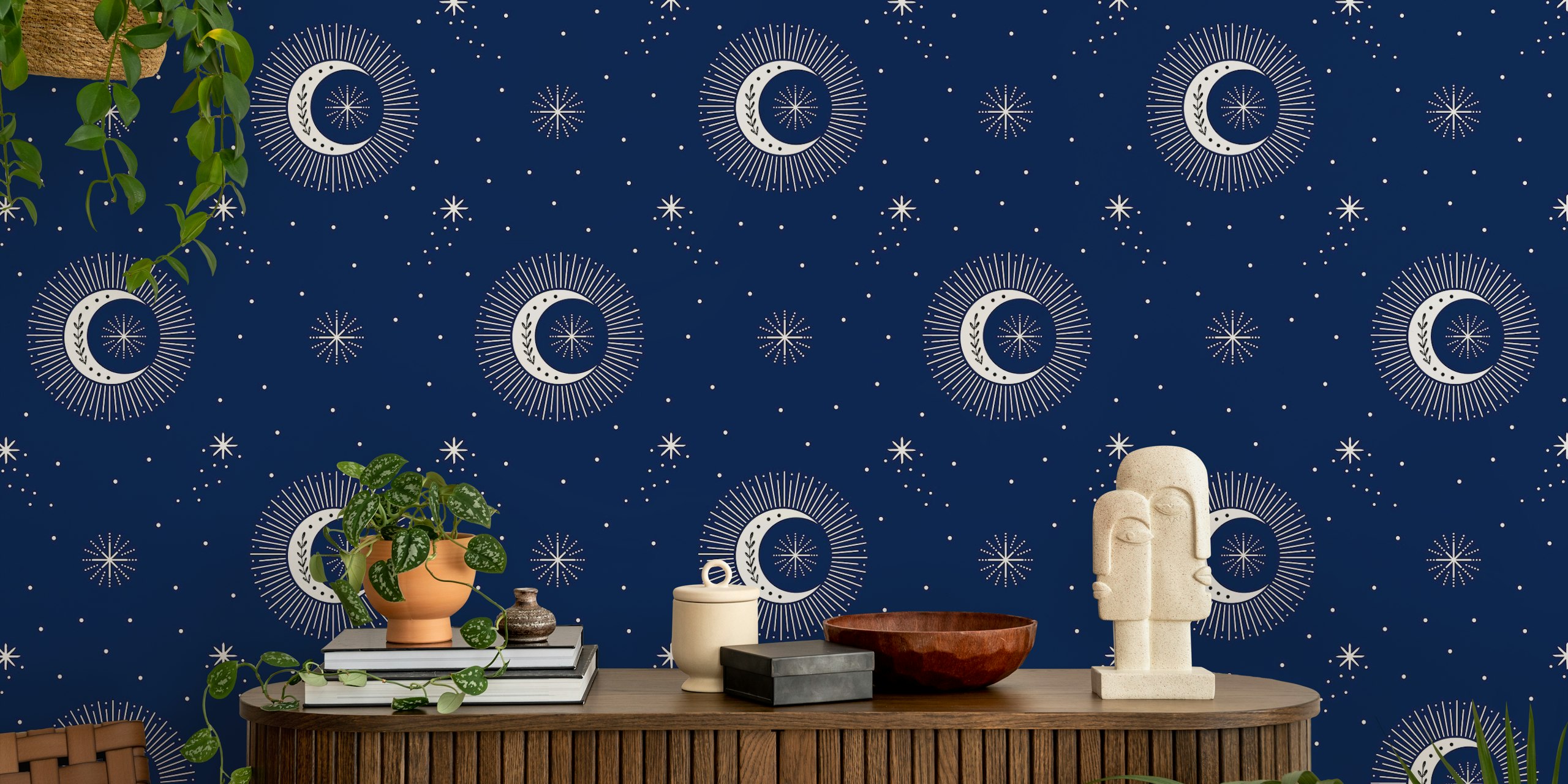 Moon and stars -tapettisuunnittelu huoneessa