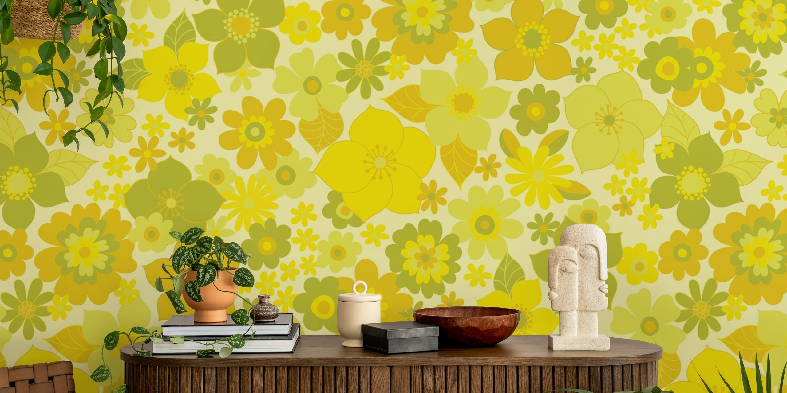 Colorful floral patterns in yellow and pale green wallpaper