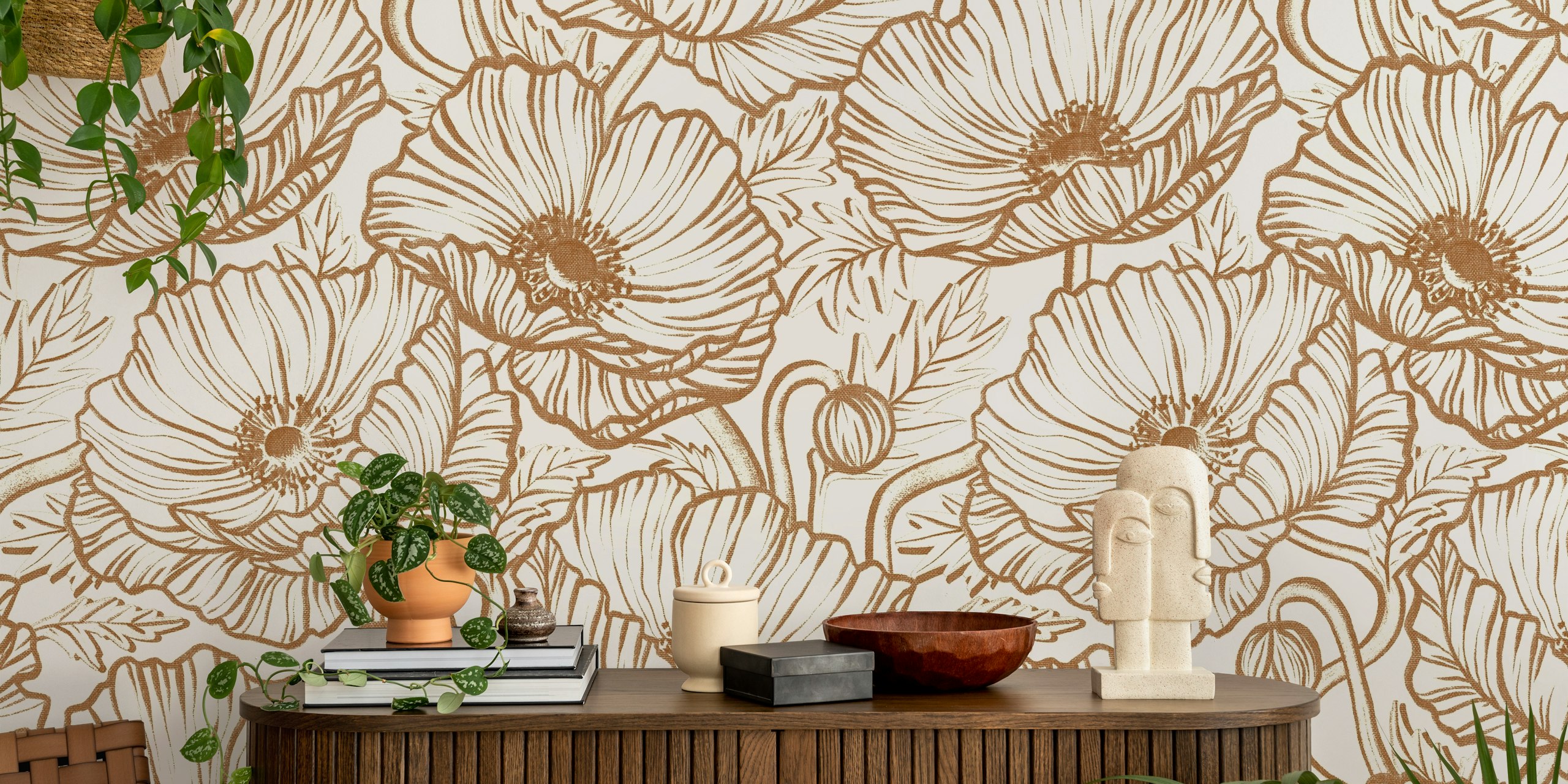 Cinnamon and cream poppy floral wallpaper design