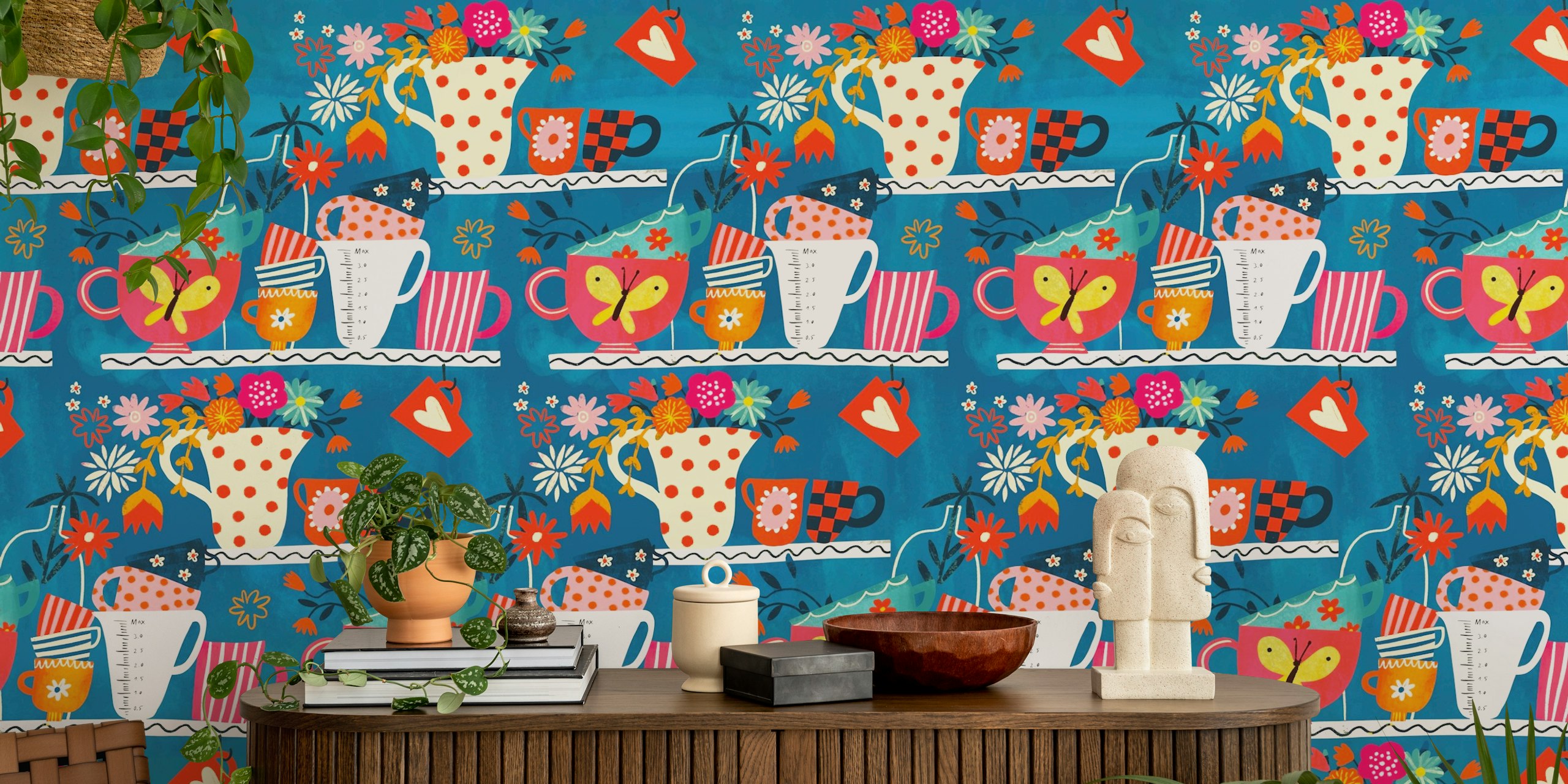 Colorful cups and flowers on bright blue background wallpaper