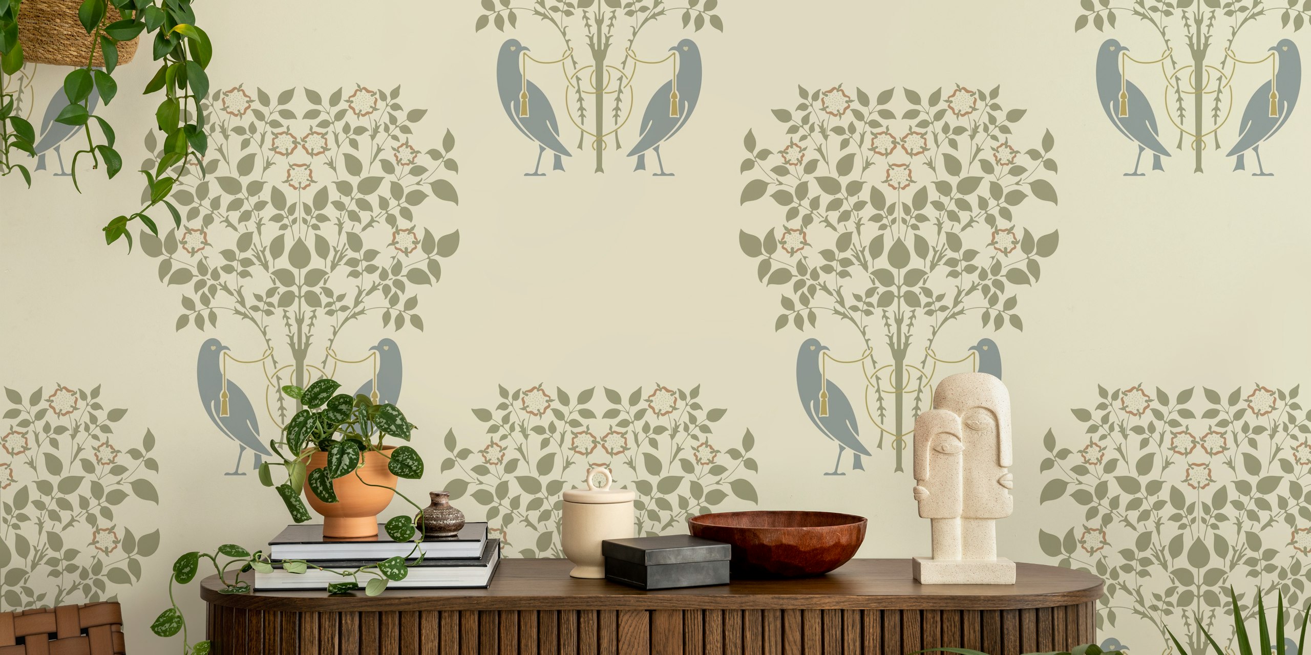 papel pintado Art Nouveau Birds and Roses en una habitación