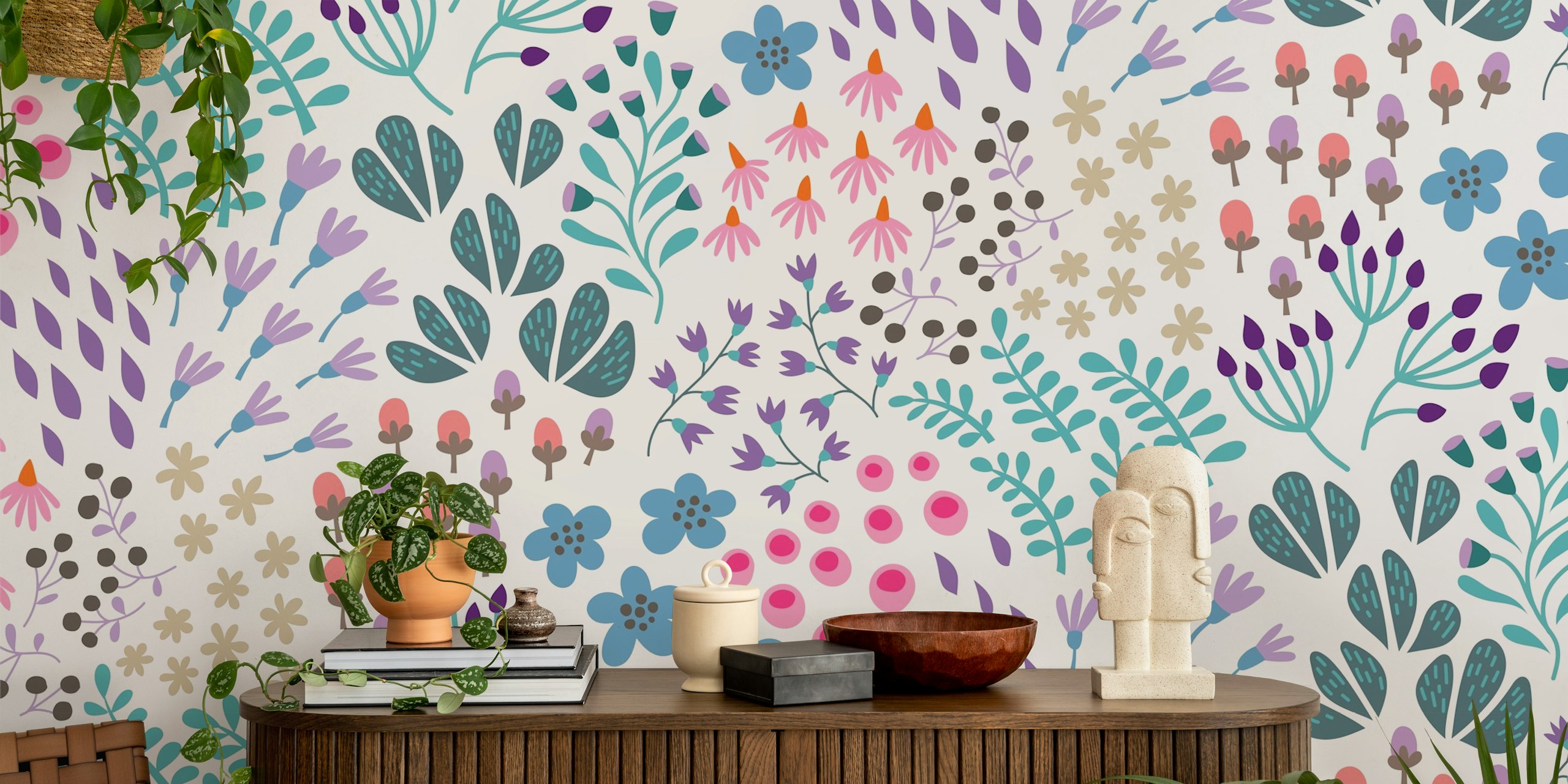 Whimsical watercolor floral wall mural with soft pinks and tranquil blues