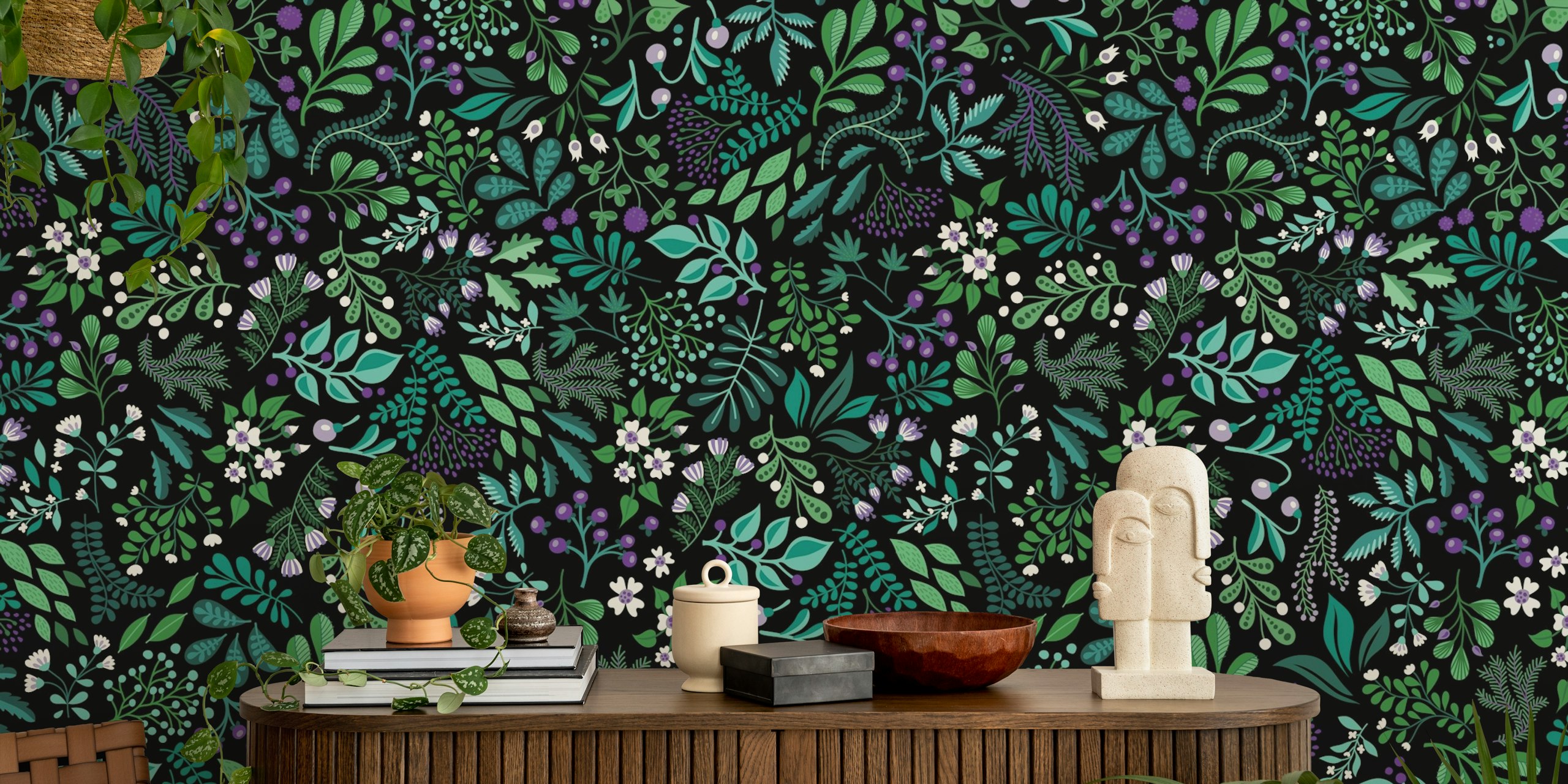 Green and white botanical floral patterns on a black wallpaper