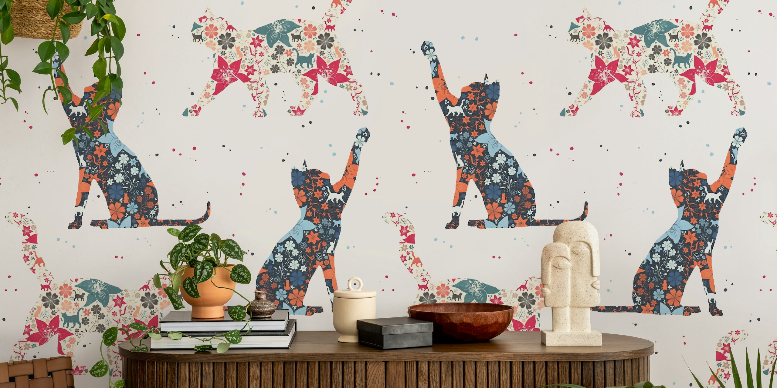 Design de papel de parede Cats e Flowers em um quarto
