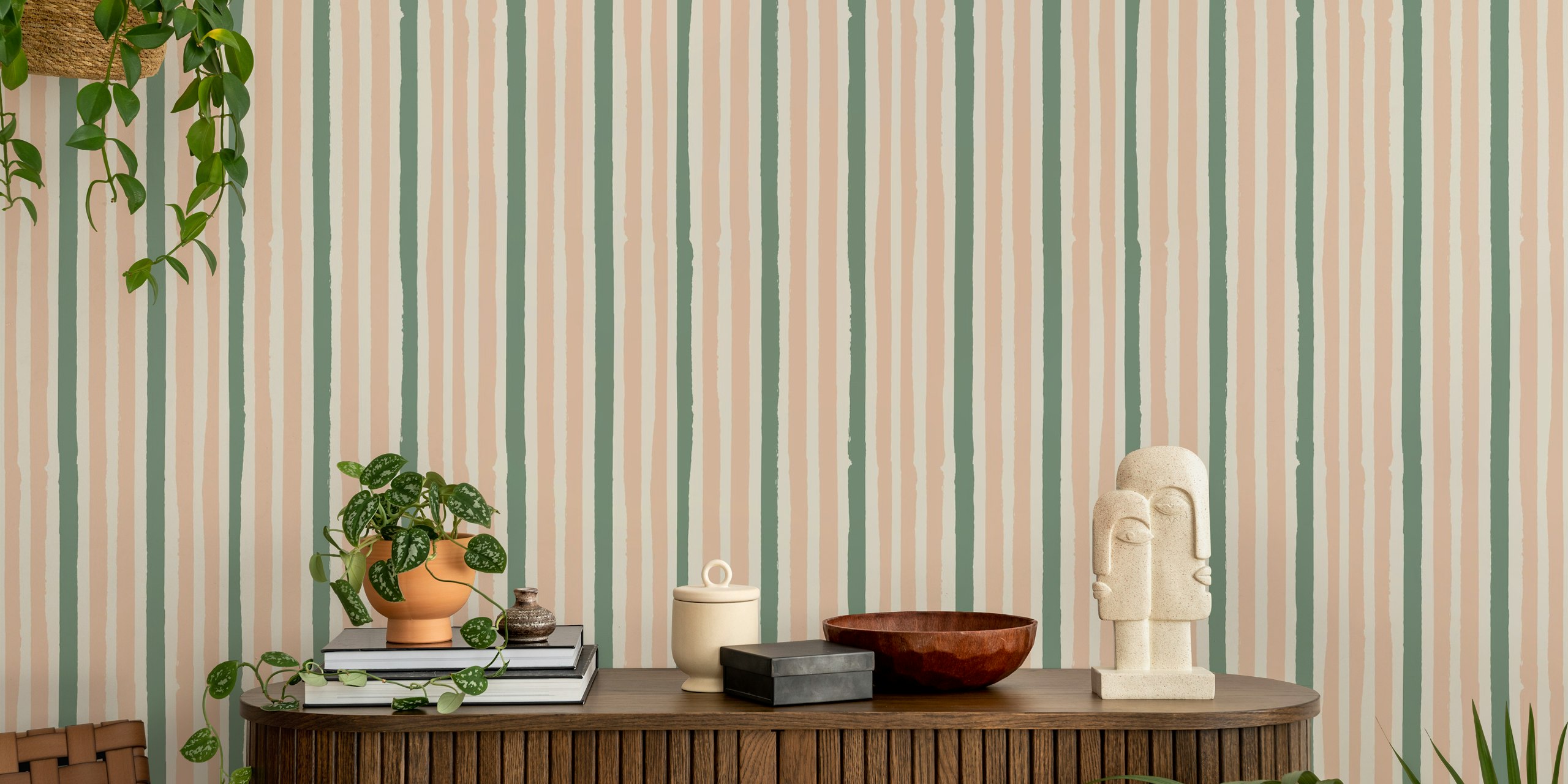 Retro stripes blush pink og fern green tapet