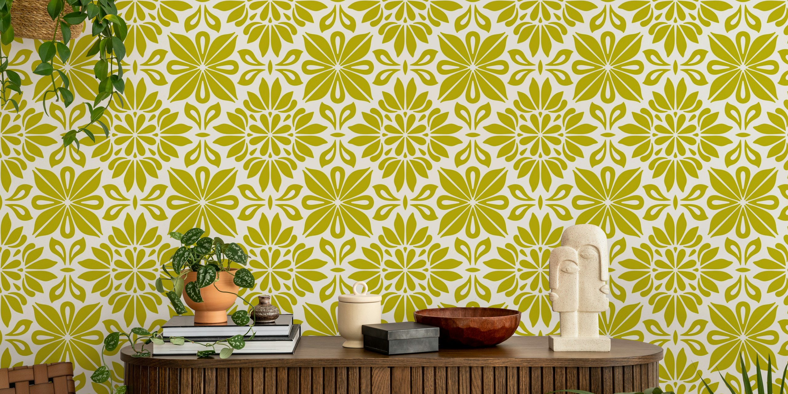 Sage green floral mandala wallpaper i et rom
