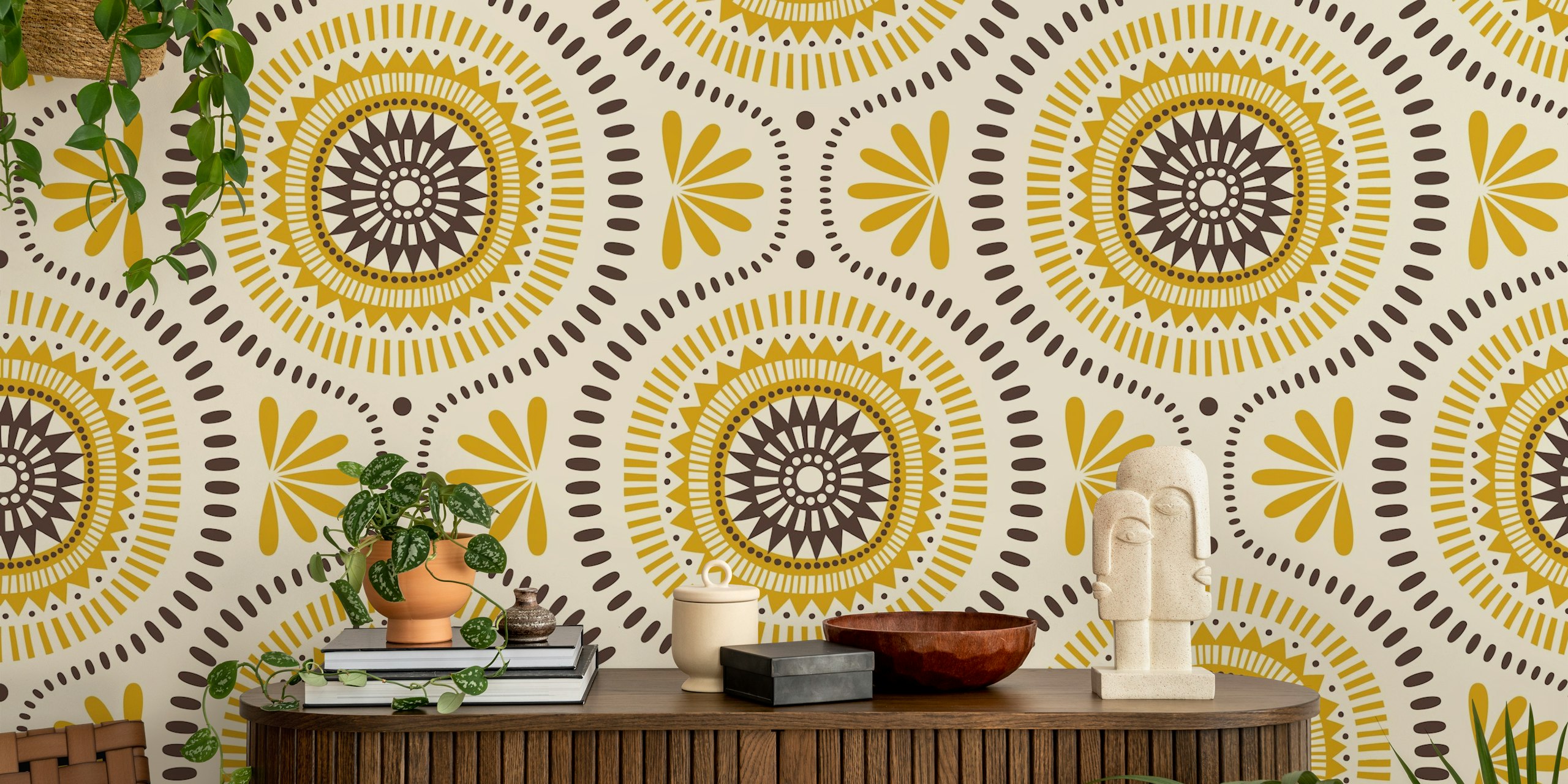Geometric floral pattern in yellow and brown wallpaper