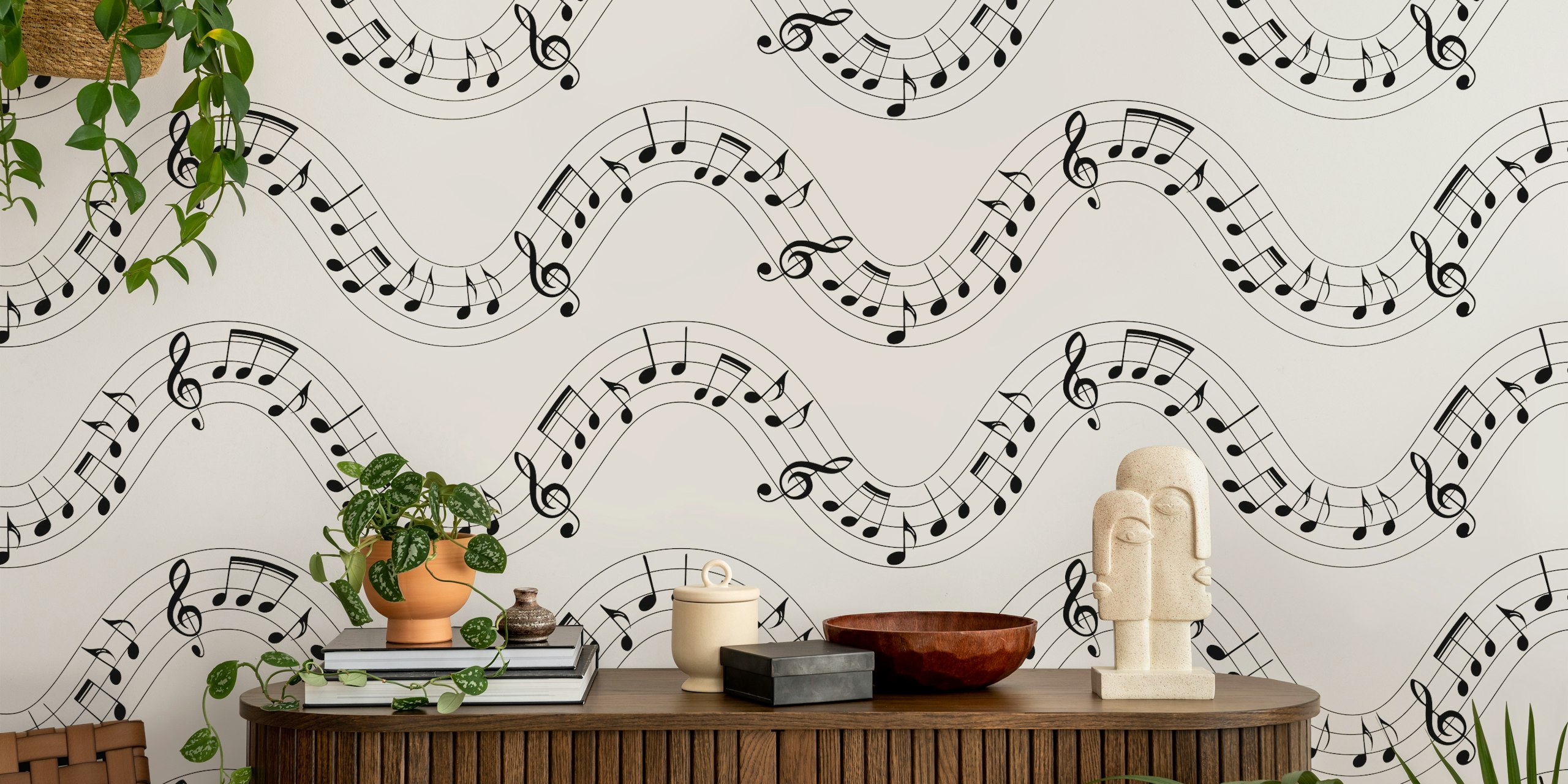 Musical notes forming wavy lines on a maroon background wall mural