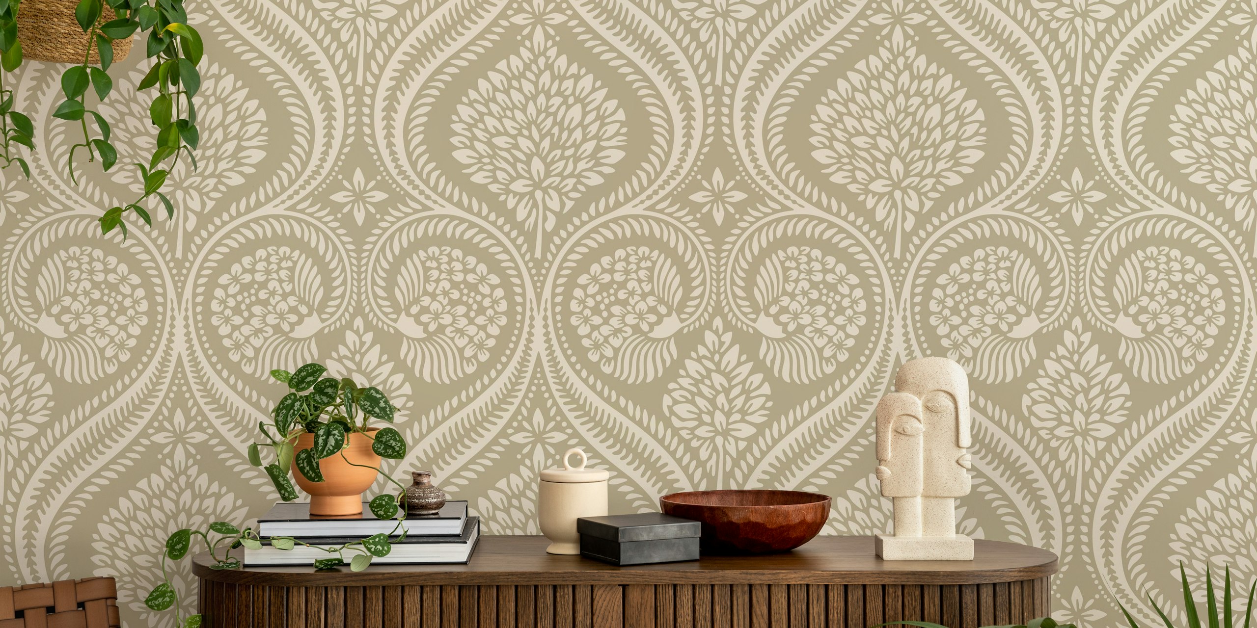 Florence damask beige wallpaper in a room