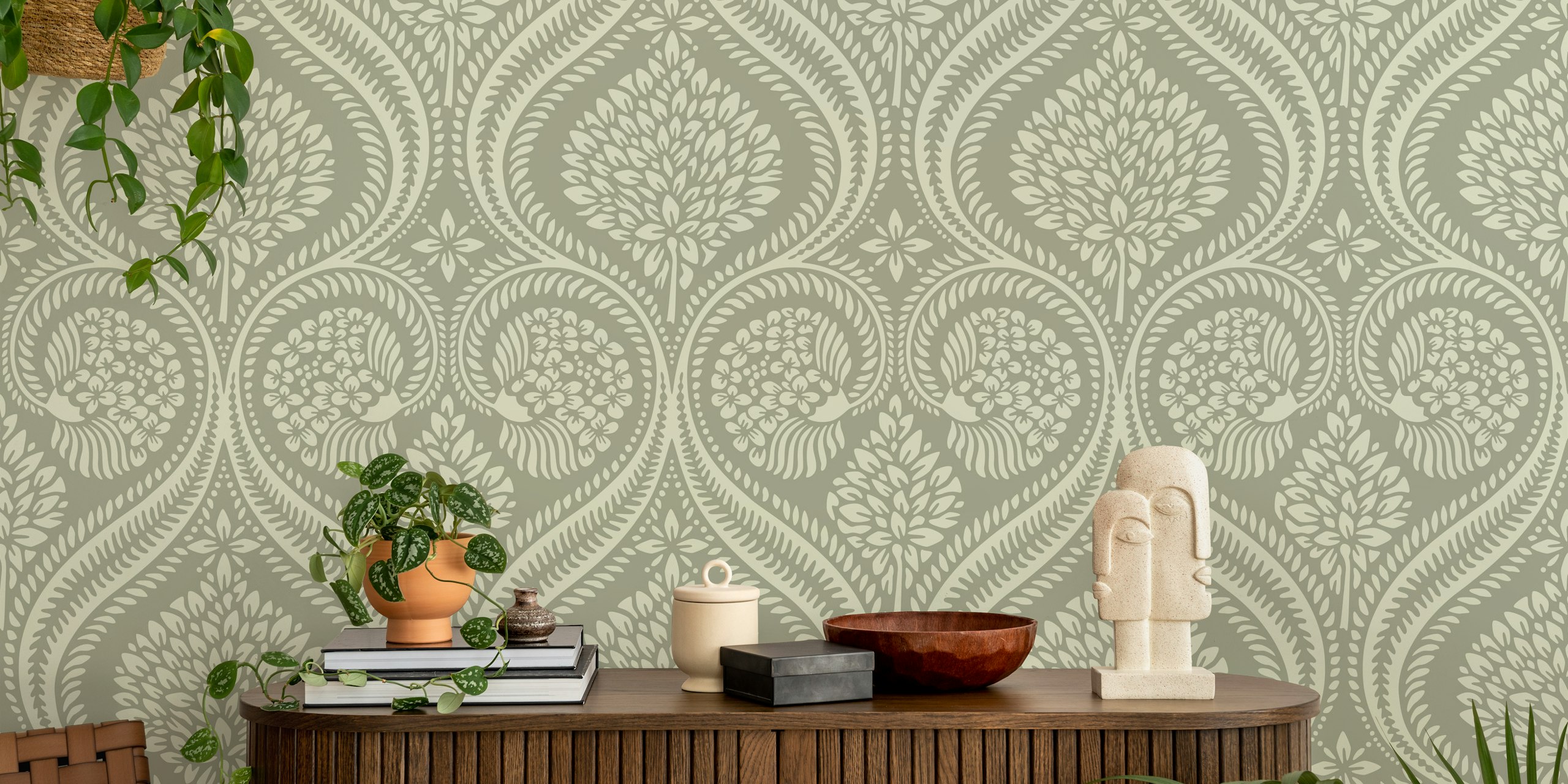 Elegant sage green Florence damask pattern wall mural