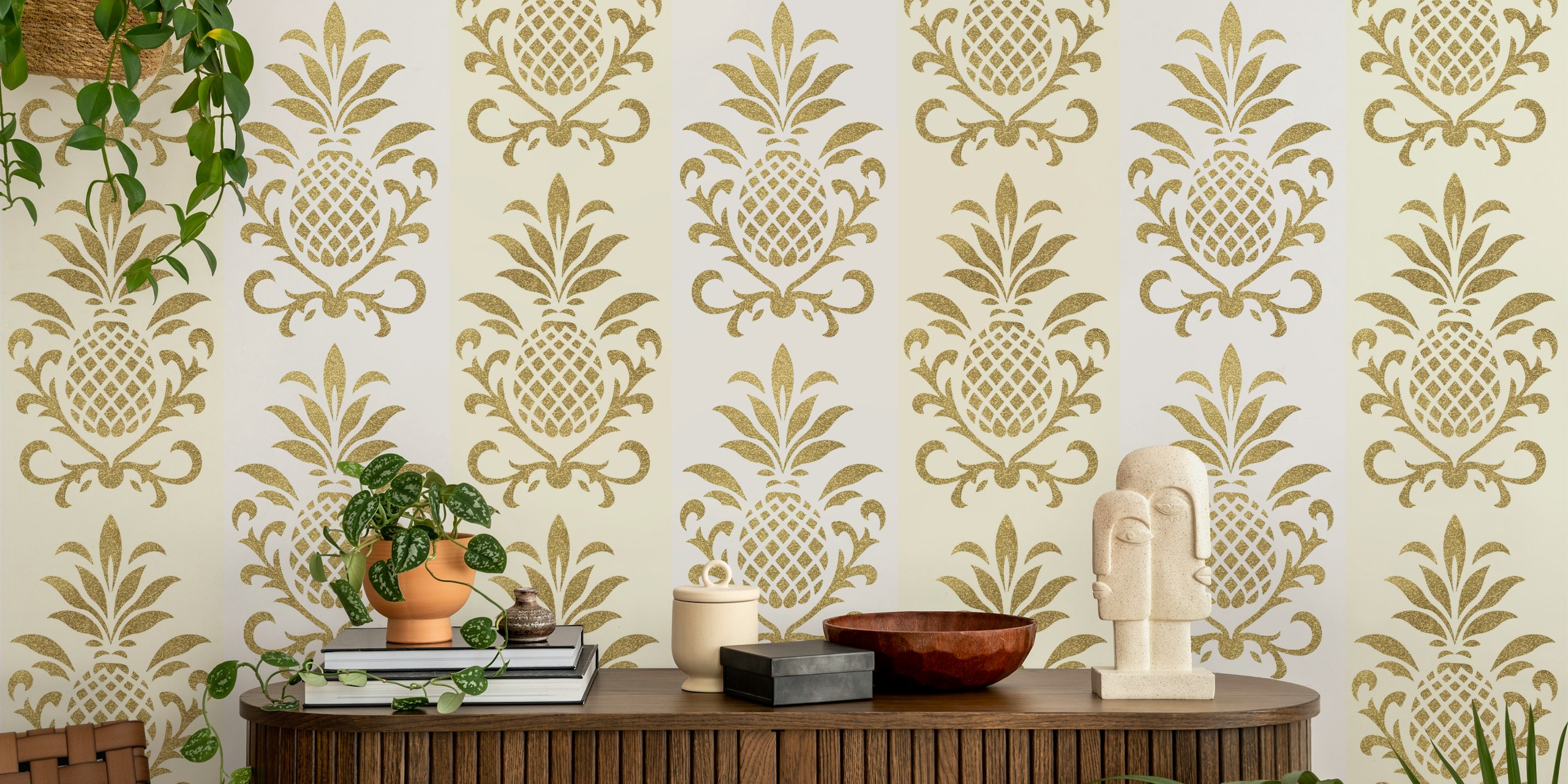 Ταπετσαρία Elegant Pineapple Stripes Gold σε ένα δωμάτιο