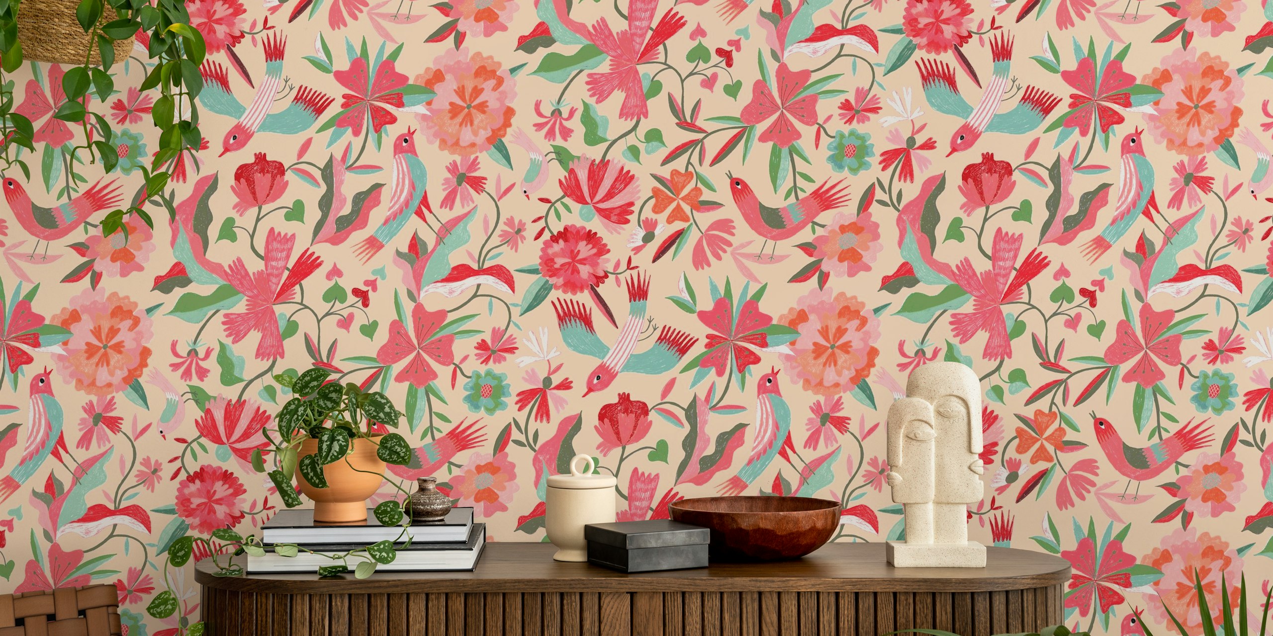 Floral bird pattern with pink and green colors on cream background wallpaper