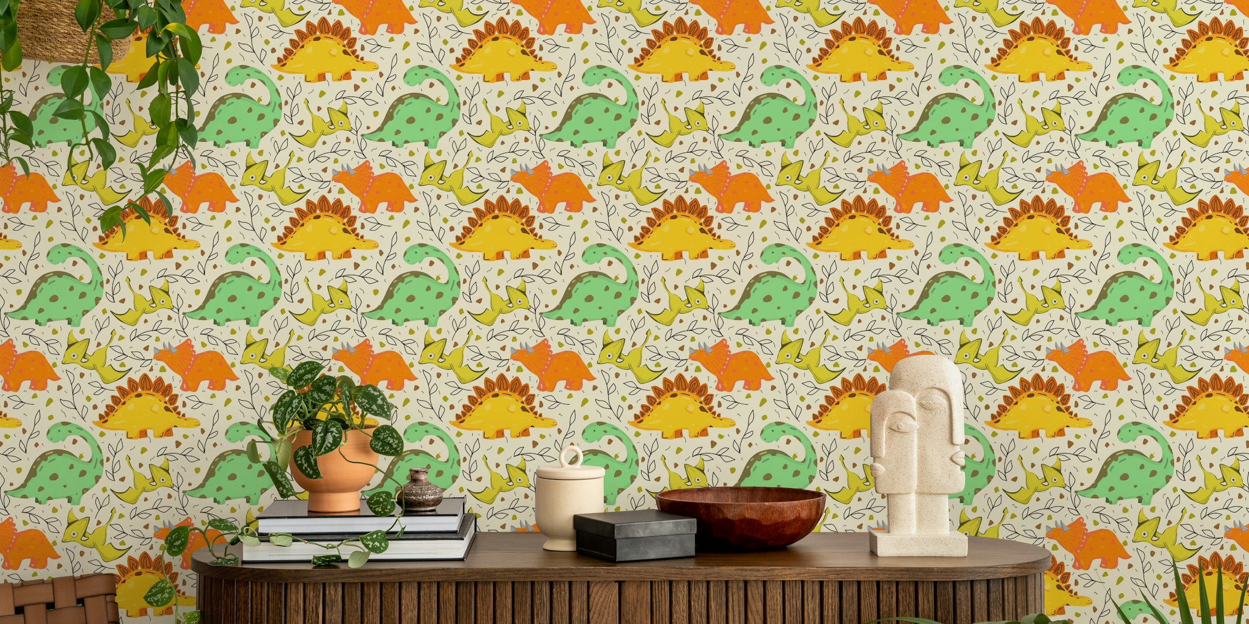 Colorful cartoon dinosaurs in green, orange, yellow, and beige wallpaper