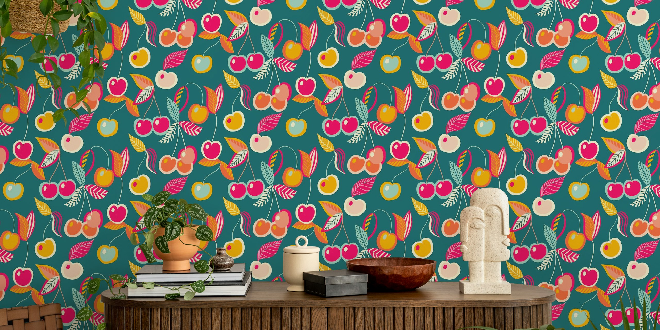 Colorful cherry fruit design with pink, teal, and orange colors wallpaper