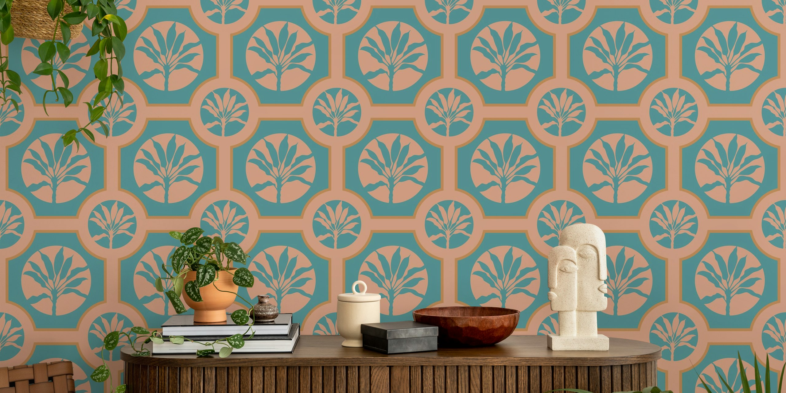 Blue and peach tropical ti plant pattern wall mural in geometric tile design