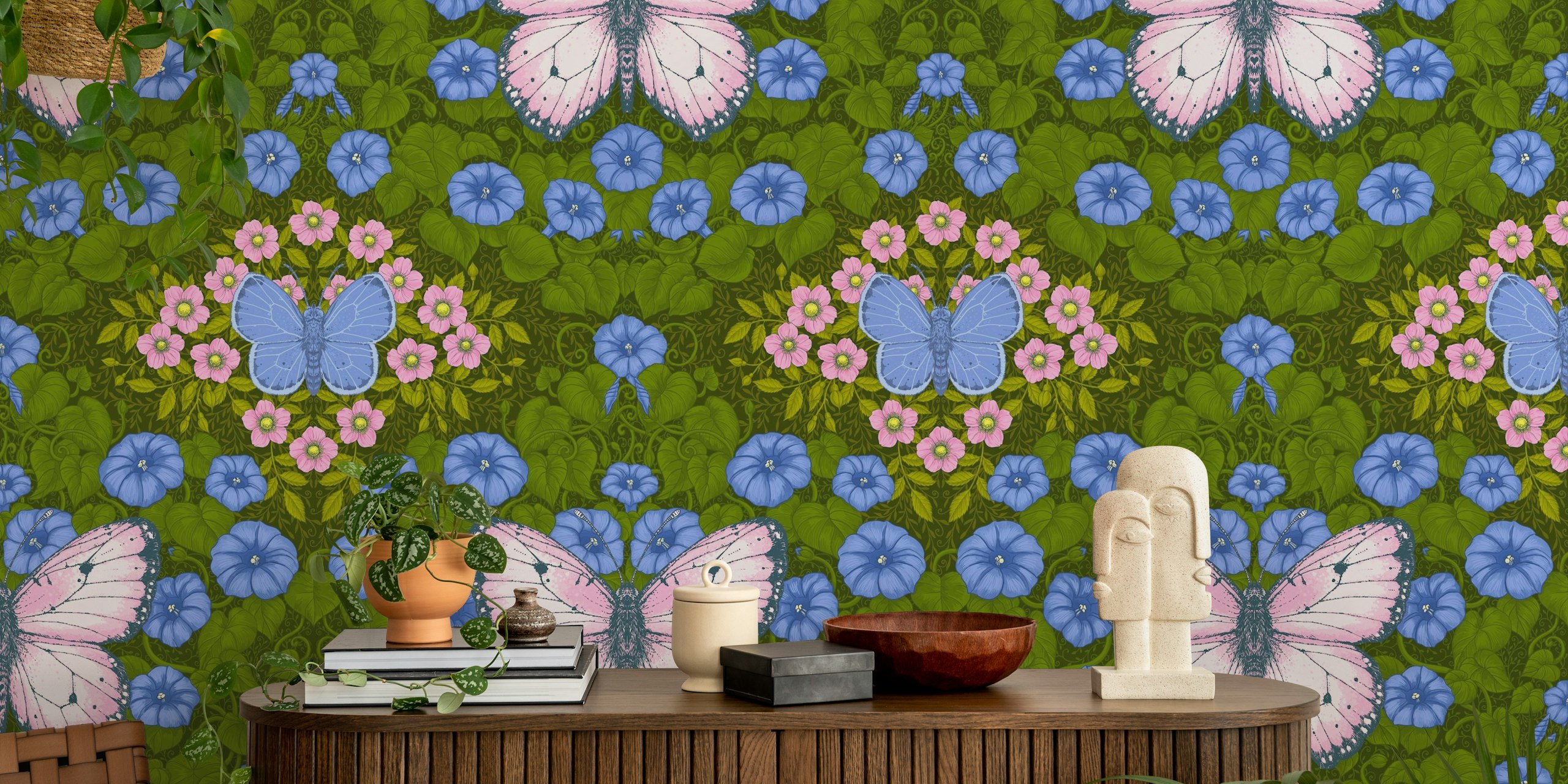 Blue butterflies and purple flowers with green foliage wallpaper