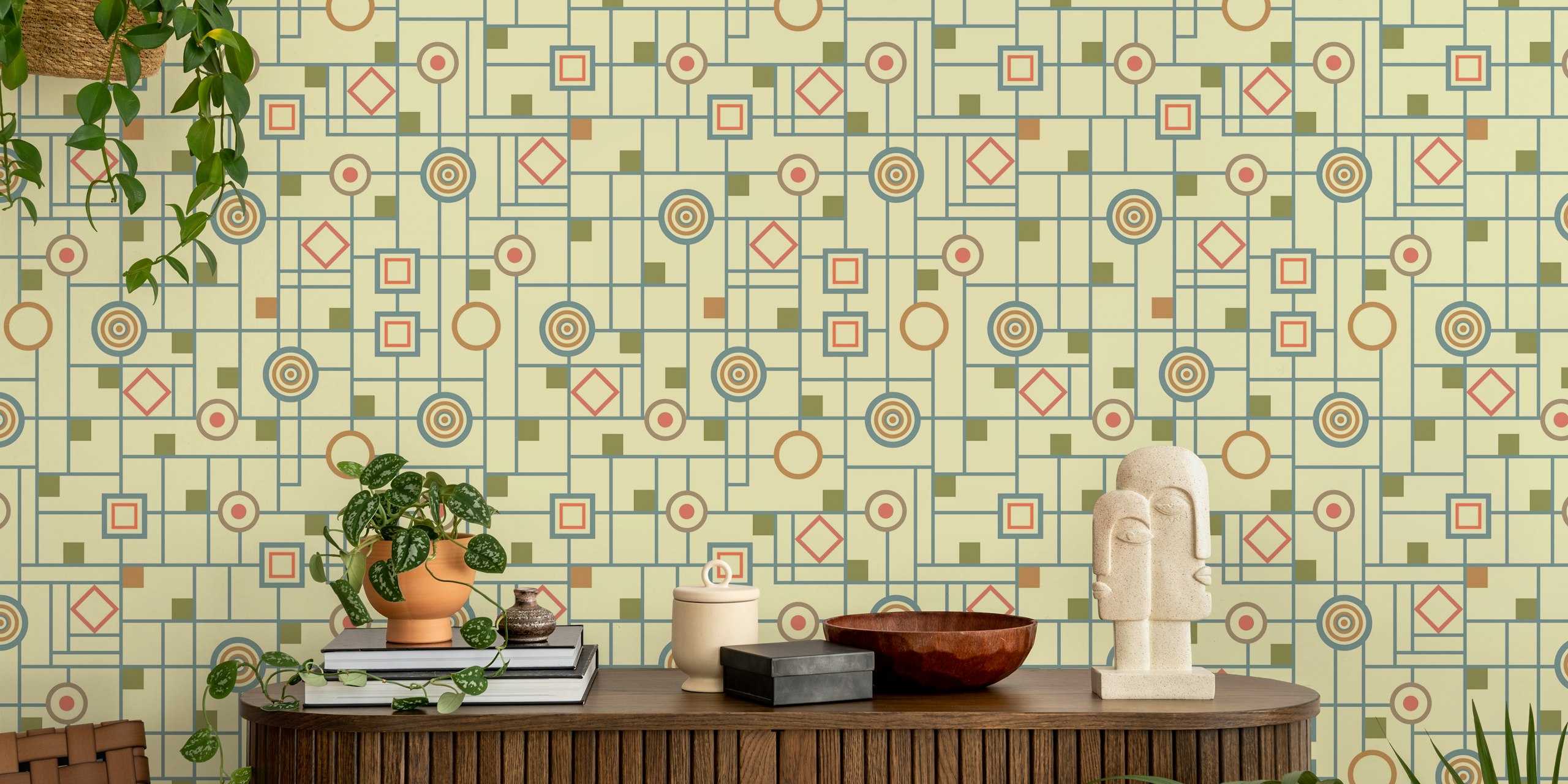Geometric shapes in cream, blue, and earthy tones art deco wallpaper