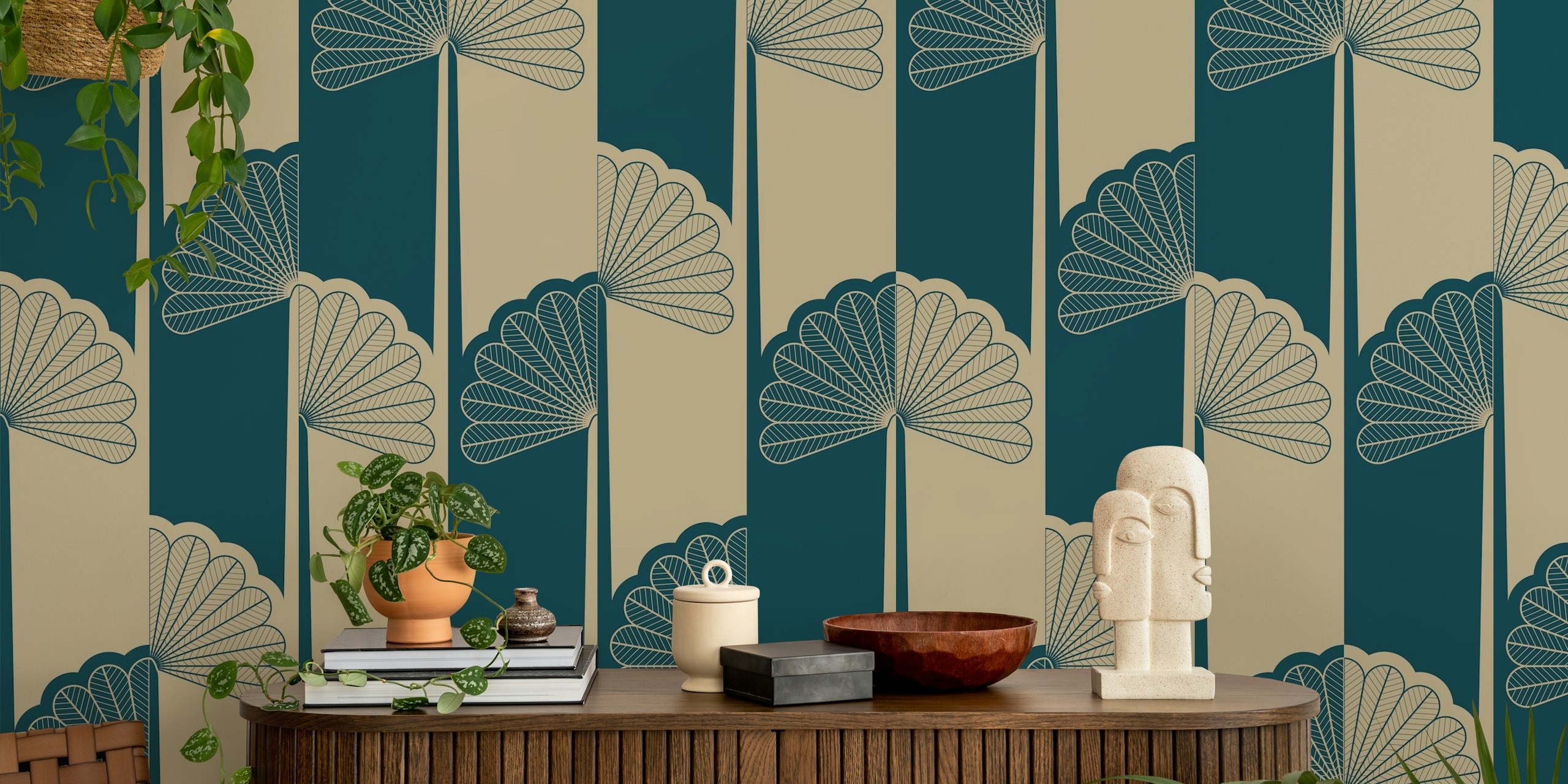 Palm tree stripes wallpaper in a stylish room