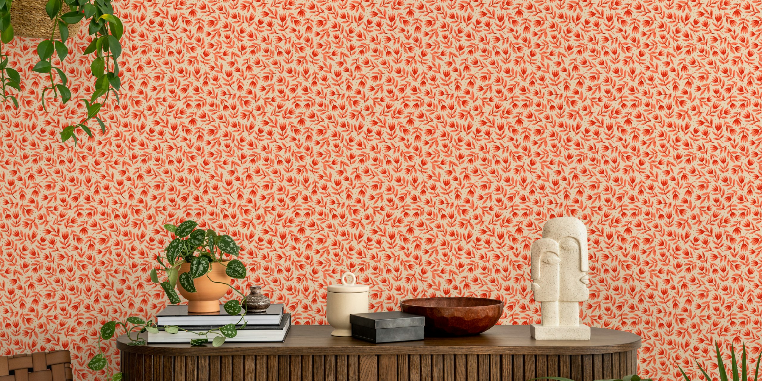 Red and pink tulip floral pattern on vanilla wallpaper